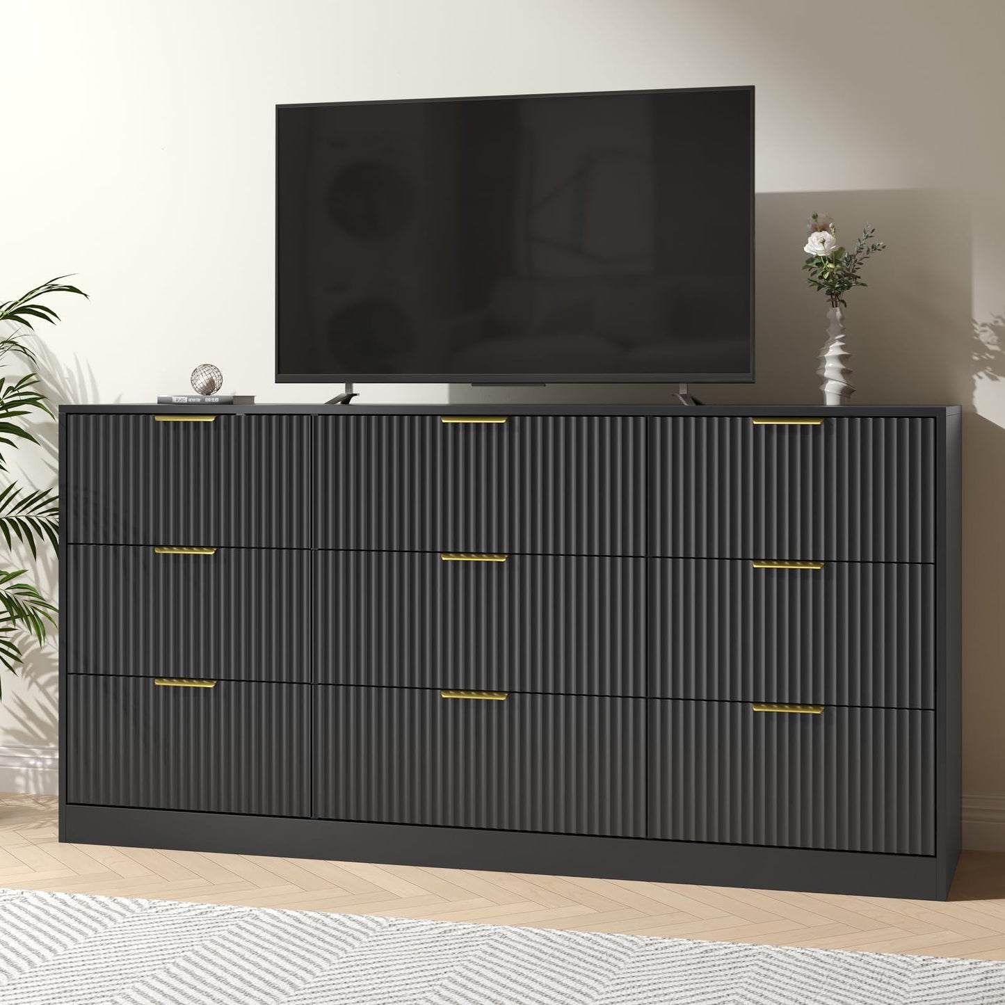 NOVAMAISON Dresser for Bedroom with 9 Drawer, 63” Long Black Dresser Modern Chest of Drawers with Metal Handle, Wood TV Stand Storage Organizer for Bedroom, Living Room, Black