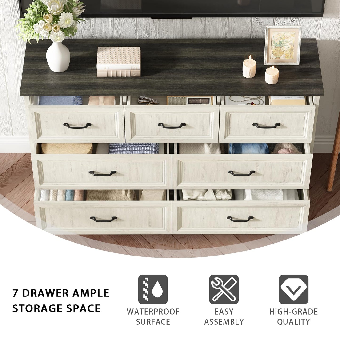 CARPETNAL Farmhouse Dresser and Nightstand Sets for Bedroom, 3 Pcs Bedroom Set, 7 Drawer Dresser & Nightstand Set of 2, Modern Wood Chest of Drawers for Bedroom, Living Room, Entryway, White
