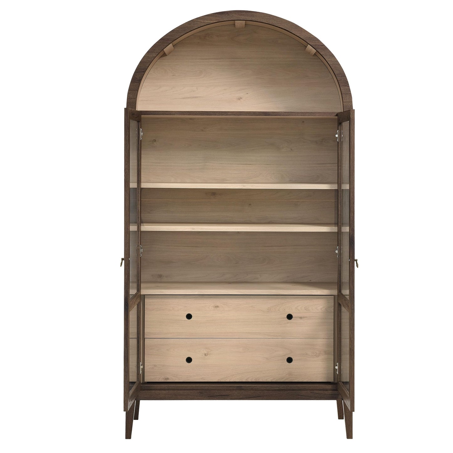 Modway Nolan Tall Arched Storage Display Cabinet in Walnut Light Oak - 74 Inch Arch Bookshelf with Glass Doors, Shelves and Drawers - Modern Accent Cabinet for Living Room, Dining Room