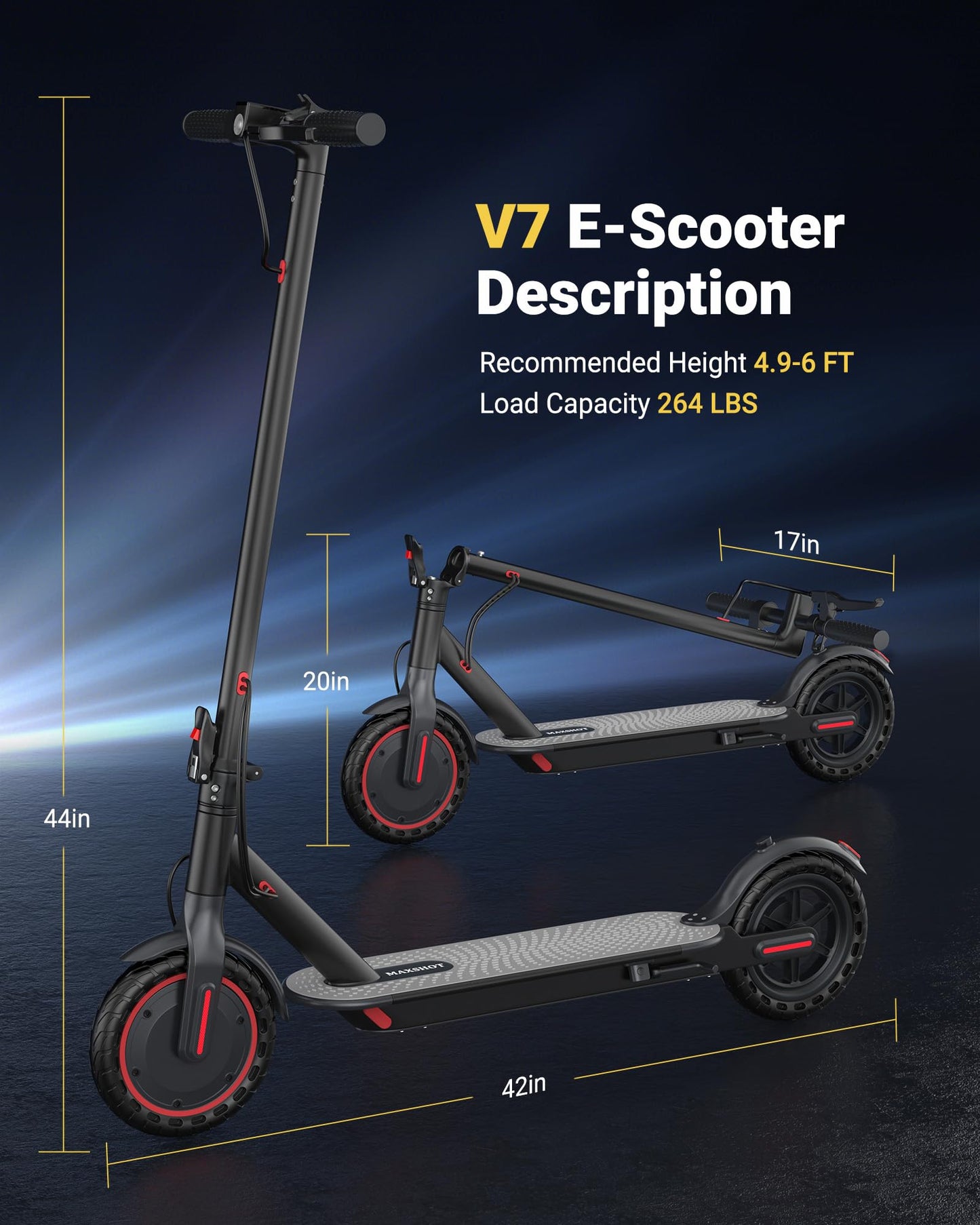 Maxshot Electric Scooter, 8.5" /10" /14" Tire, 16/19/22 Mph Top Speed, 12/16/21/27/28/49/50 Miles Long Range, Folding Escooter for Adults and Kids with Seat Bag, Dual Braking, Dual Suspension, App