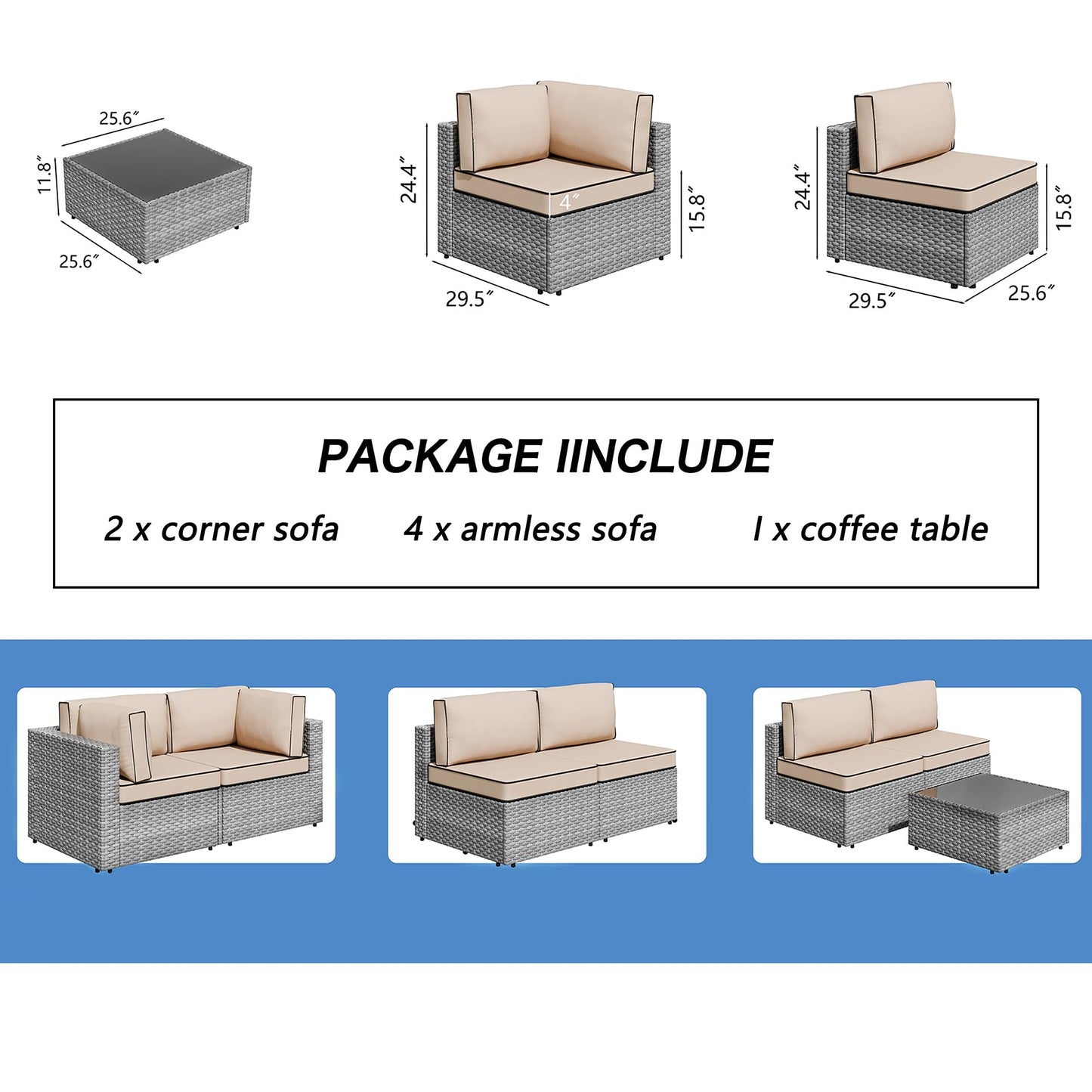 Shintenchi 7 Pieces Outdoor Patio Furniture Sets, Patio Sectional Sofa Couch, Gray PE Wicker Furniture Modular Patio Conversation Sets Patio Sofa with Washable Cushions, Gray/Khaki