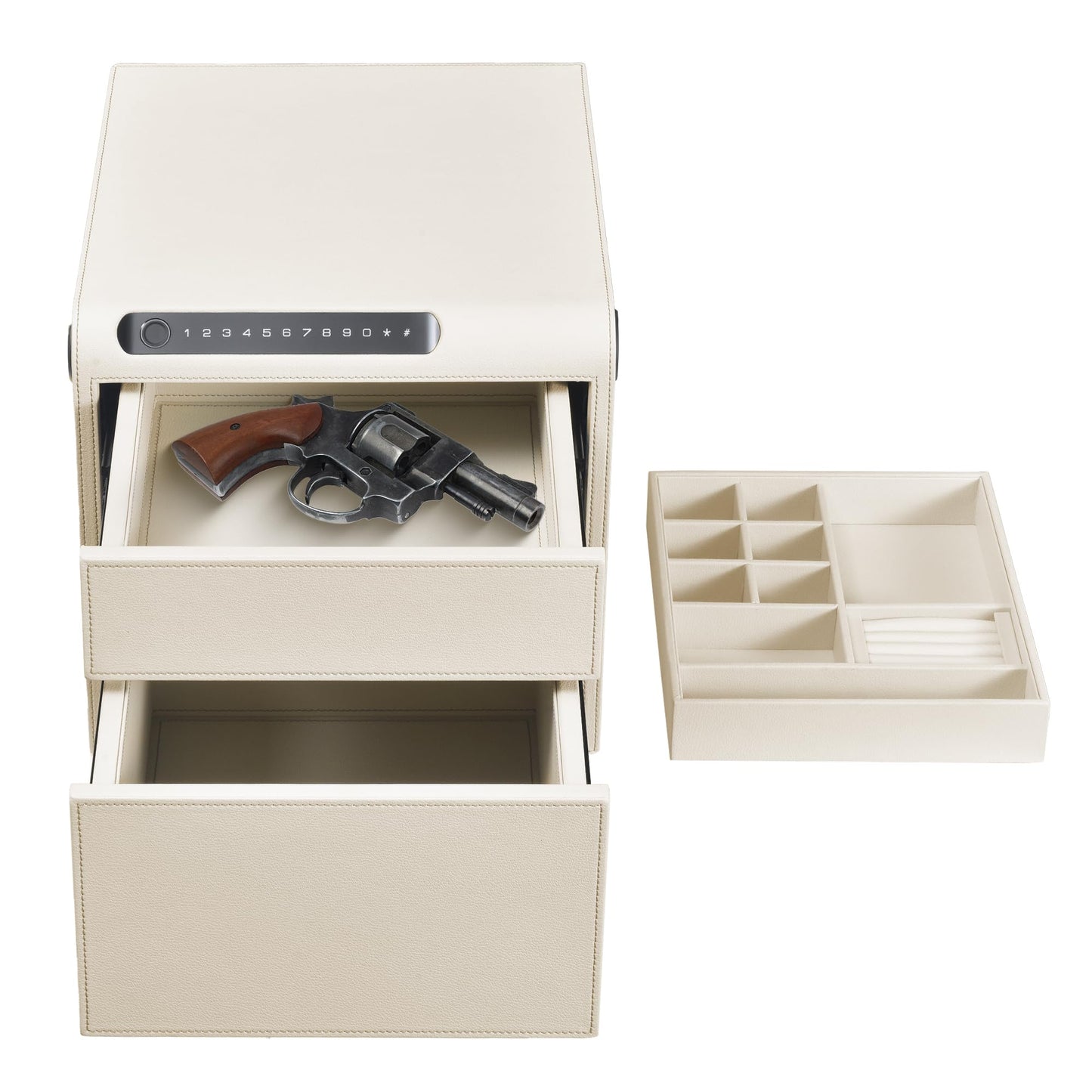 VALINIRT Jewelry Safe with Drawers,Biometric Fingerprint safe, Slide-Away Handgun Safe for Pistols, Leather Wrapped Jewelry Storage Safe, Digital Keypad & Quick-Access Drawer(White- 2 Drawer)