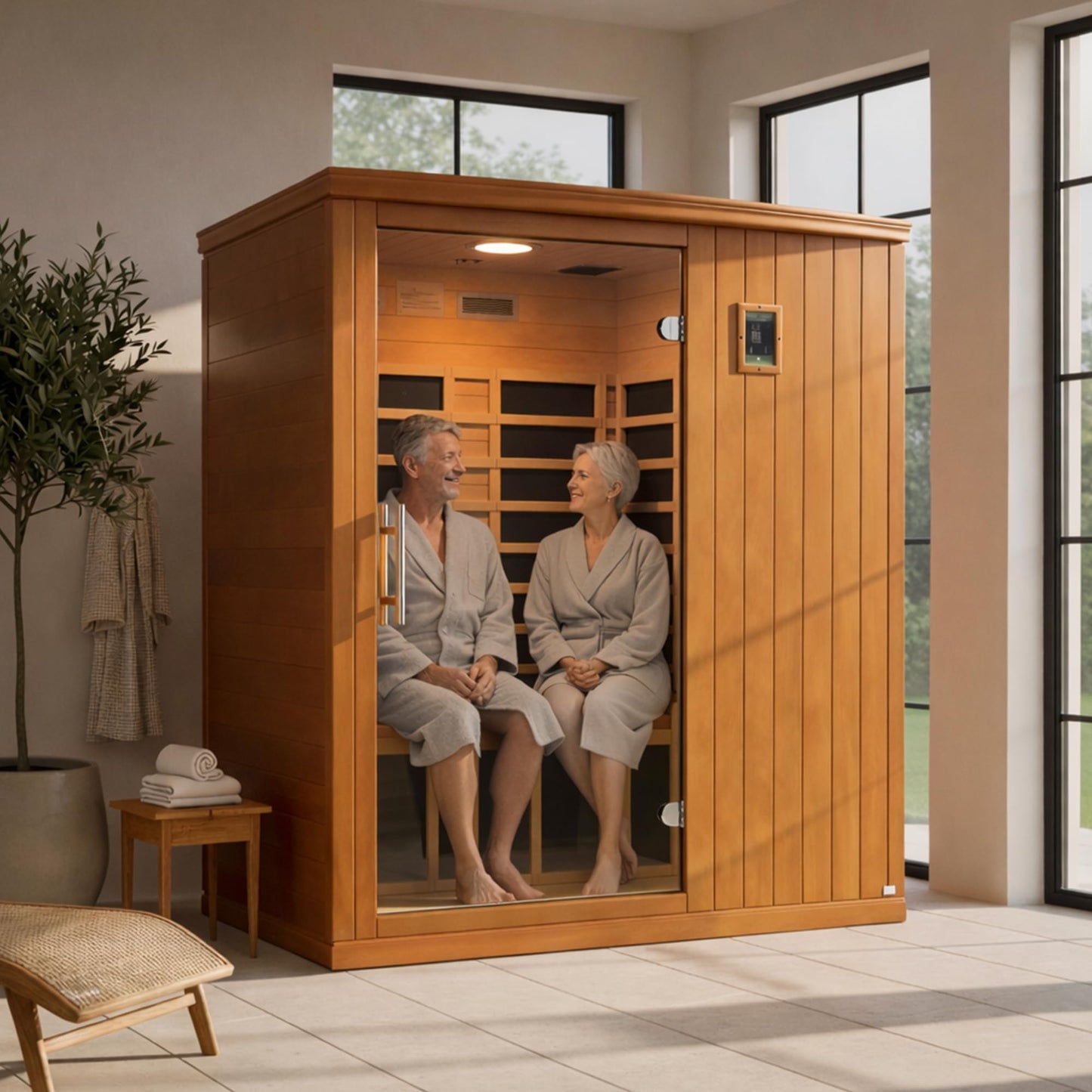 DYNAMIC SAUNAS Madrid Elite 3-Person Ultra Low EMF FAR Infrared Sauna with Red Light Therapy & Bluetooth Speakers | Personal Indoor Dry Heat Sauna for Home & Gym – Made from Canadian Hemlock
