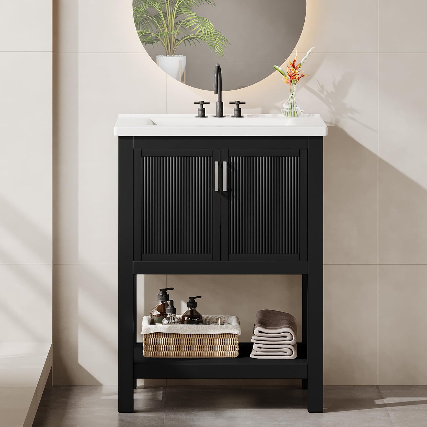Tribesigns 24" Bathroom Vanity with Sink, Solid Wooden Frame Freestanding Vanity with Ceramic Porcelain Basin, 2-Door Storage Cabinet & Open Shelf for Small Bathroom, Industrial, Black