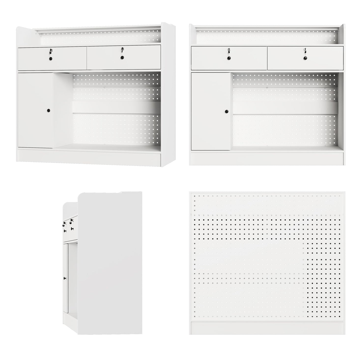 AIEGLE Reception Desk with Counter & Pegboard, Modern Retail Checkout Counter with 2 Lockable Drawers & Adjustable Shelf, 47.2" White Reception Room Table for Salon, Lobby, Office