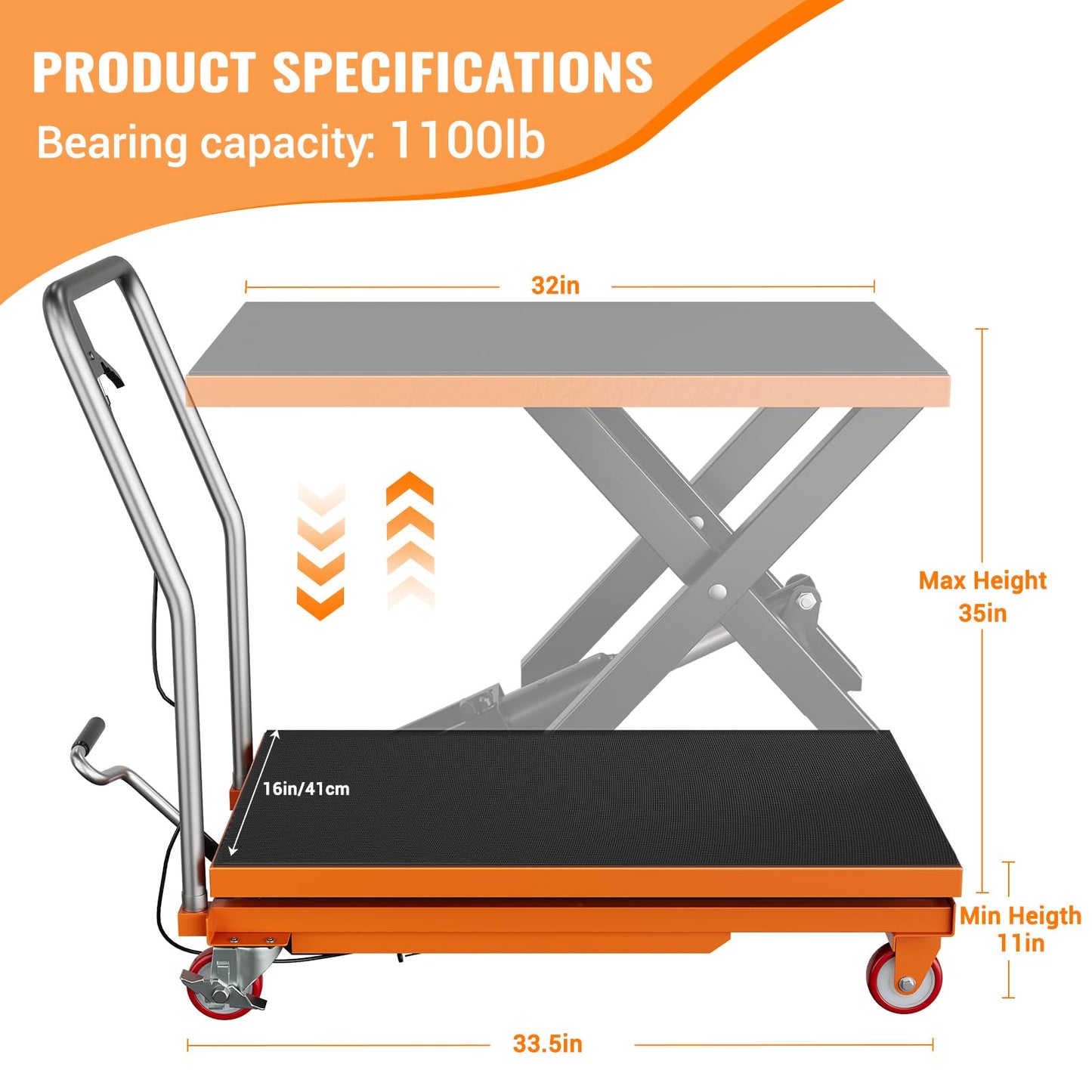 Hydraulic Lift Table Cart, 1100 LBS Capacity 32 in Lifting Height, Manual Single Scissor Lift Table with Locking Wheels and Non-Slip Pad, Hydraulic Scissor Cart for Material Handling