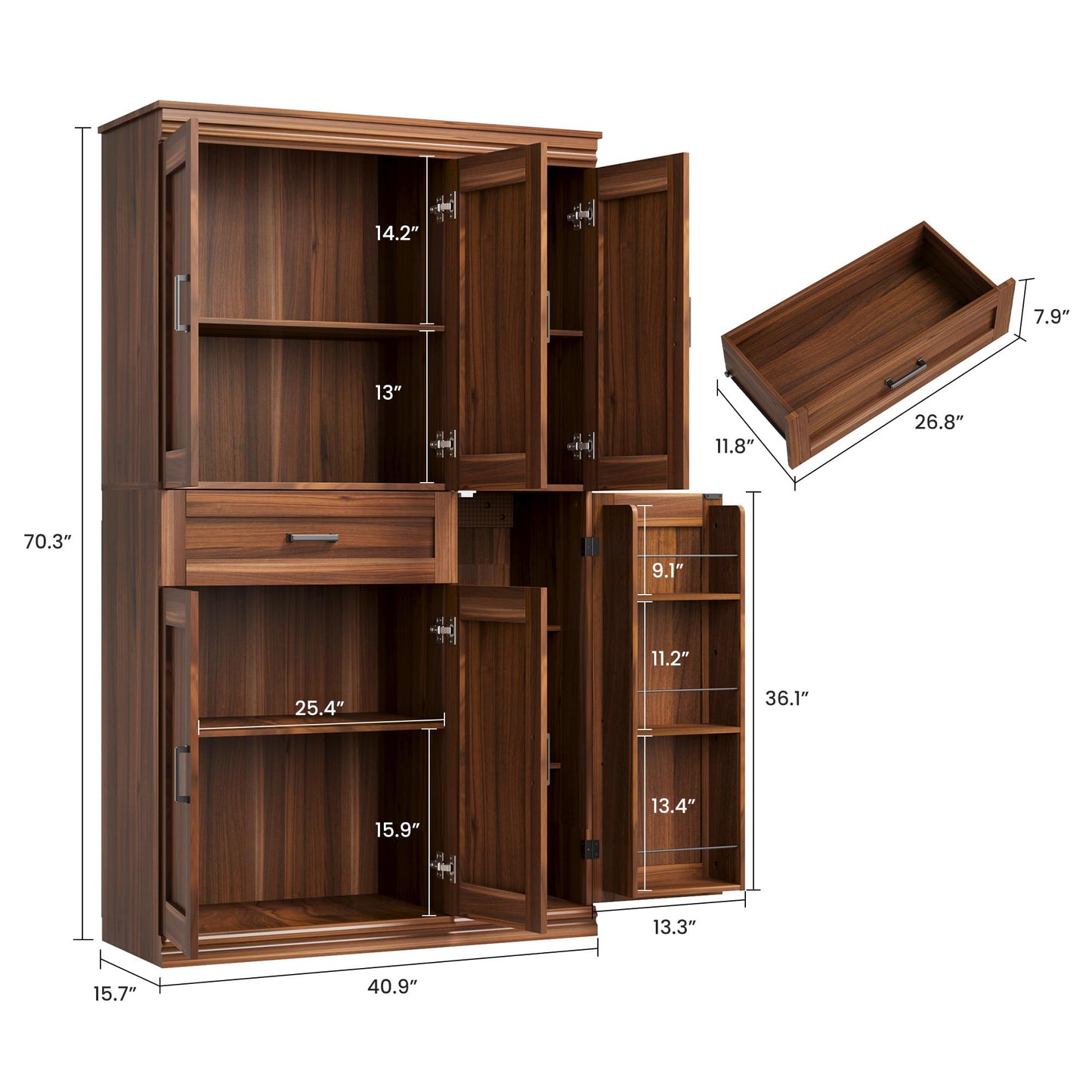 Garvee 70" Tall Kitchen Pantry Storage Cabinet, Modern Kitchen Hutch Cabinet with Doors and Shelves, Freestanding Food Pantry with Large Storage Drawer for Dining Room and Household Organization
