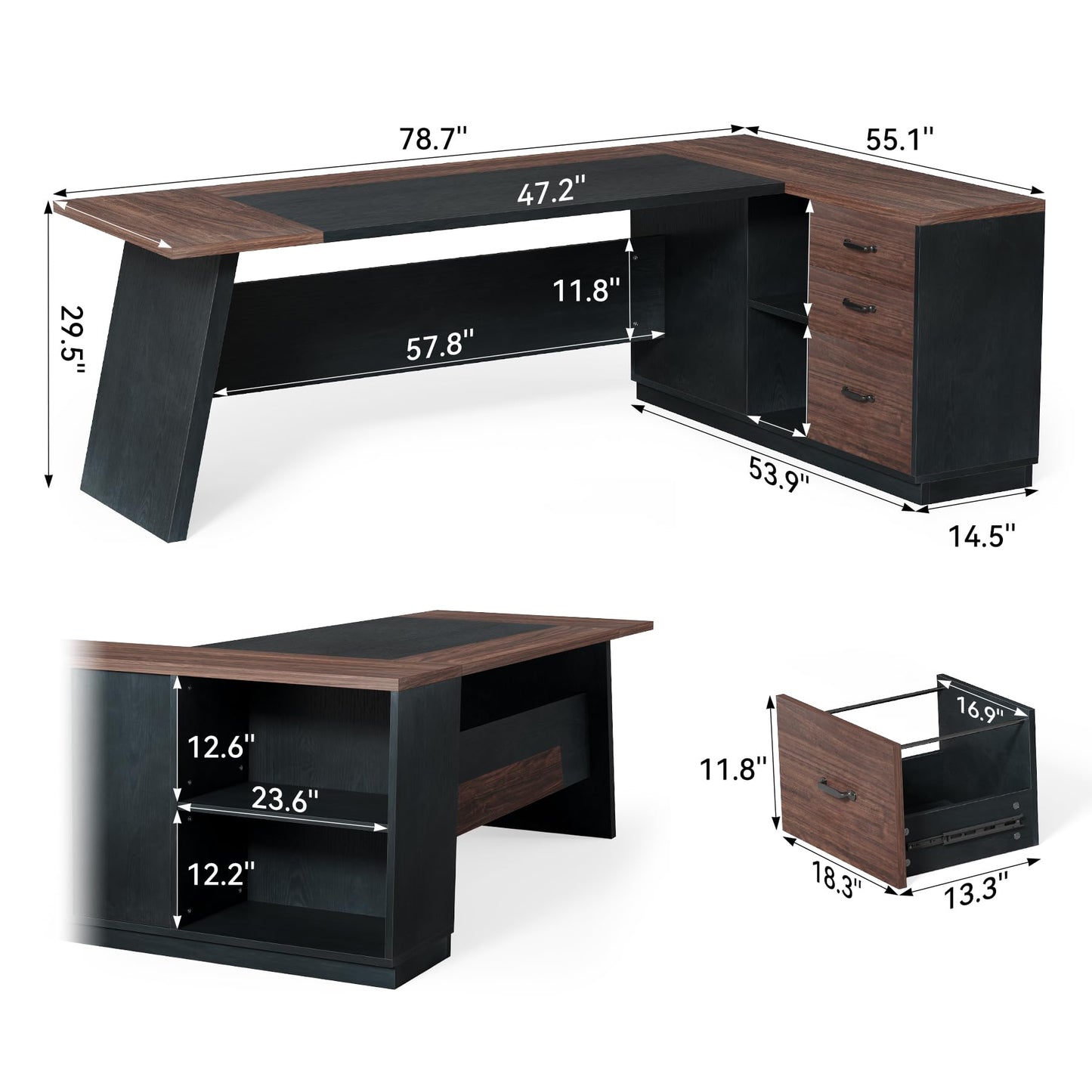 LITTLE TREE 78-Inch Executive Office Desk with File Cabinet, Large Modern Corner Office Desk for Home Office, 3-Drawer Wood File Cabinet, Spacious Workstation for Home Office (Brown & Black)