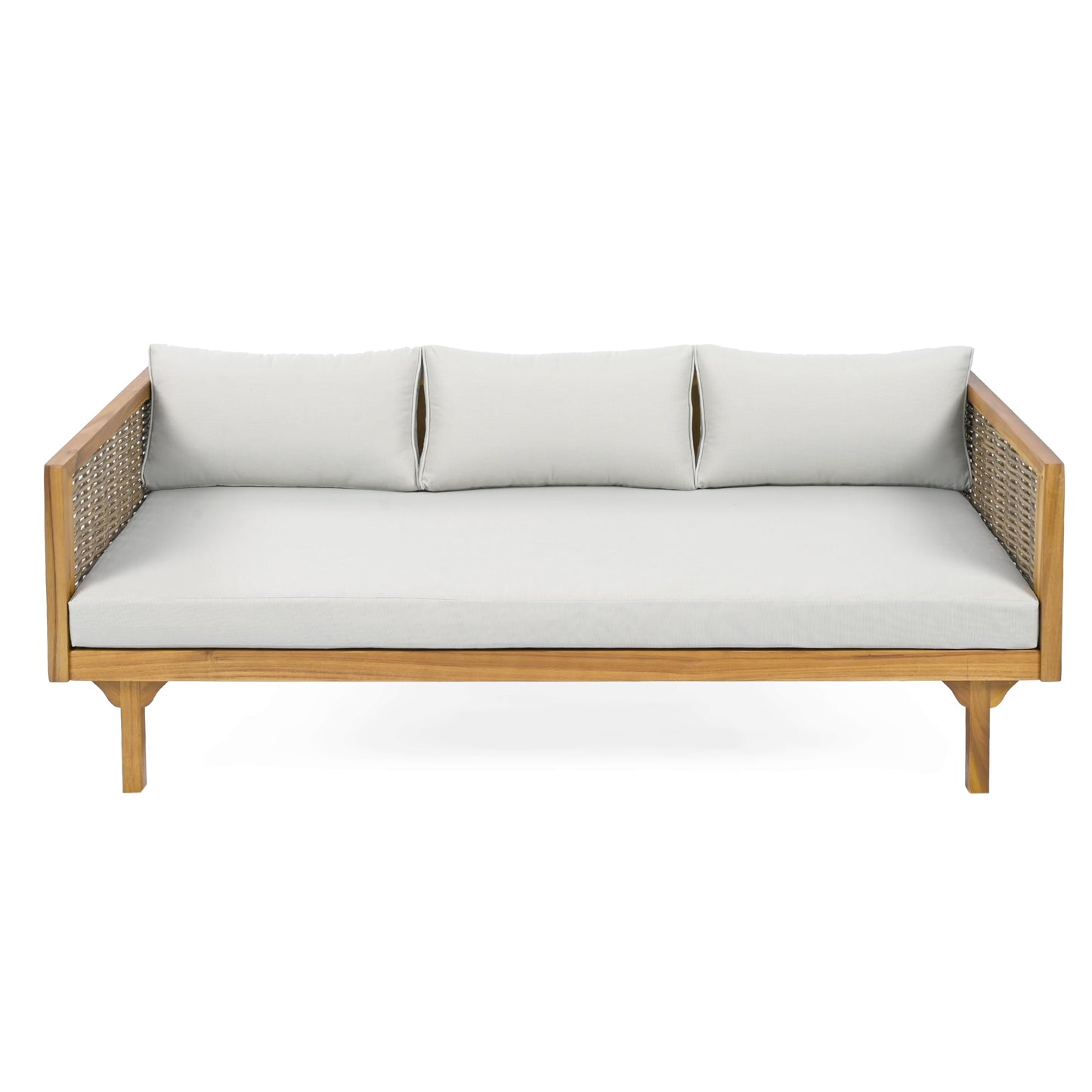 Christopher Knight Home Claremont Patio Sofa and Coffee Table Set, 2 Piece Wicker Patio Furniture Set, Acacia Wood 3 Seater Outdoor Sofa Daybed and Coffee Table Set, Teak+Light Grey