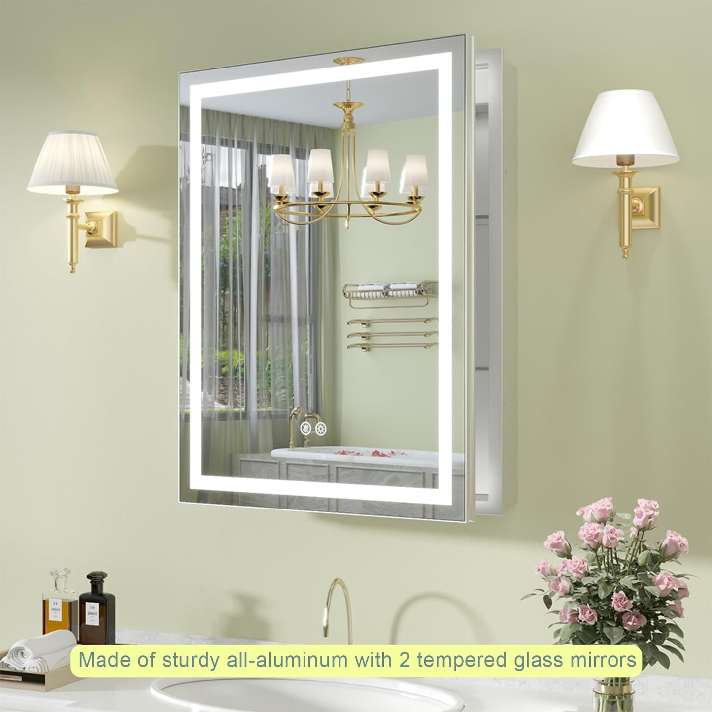 Bathroom Medicine Cabinet with Lights, 20"x26" LED Medicine Cabinet with Dual-Sided Mirror, Socket/USB, Adjustable Shelves & Organizer Box, Anti-Fog & 3-Color Dimmable LED with Memory, Full Aluminum