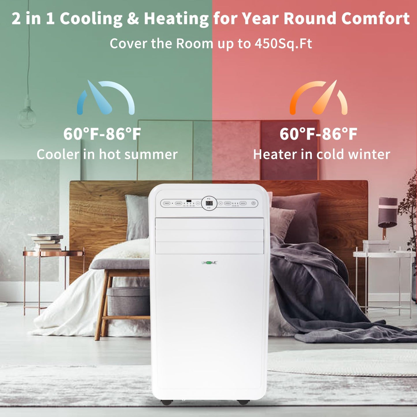 Uhome 12000 BTU Portable Air Conditioner w/Heater up to 450 Sq. Ft, Ac Heater Combo Window Unit, Portable AC Unit with Dehumidifier & Fan, Cools & Heats,Remote Control and Window Kit Included,White