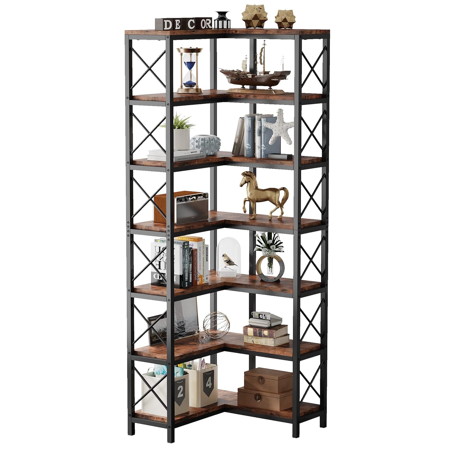 LITTLE TREE 7-Tier Tall Corner Book Shelf,Rustic Brown Corner Bookshelf, Modern Bookcase Metal Storage Shelves for Bedroom Living Room or Home Office