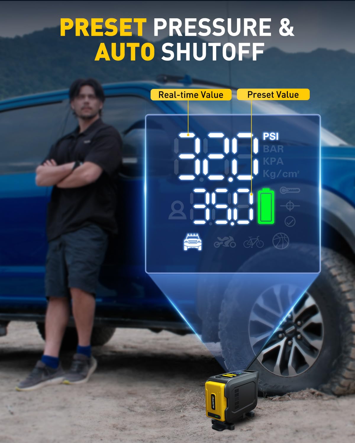 AUXITO 26000mAh Heavy Duty Tire Inflator, Portable Air Compressor 150PSI for Car Tires – Built-in Power Station & 65W Fast Charging – Emergency Air Pump for Truck, F-150, Off-Road, RV Camping