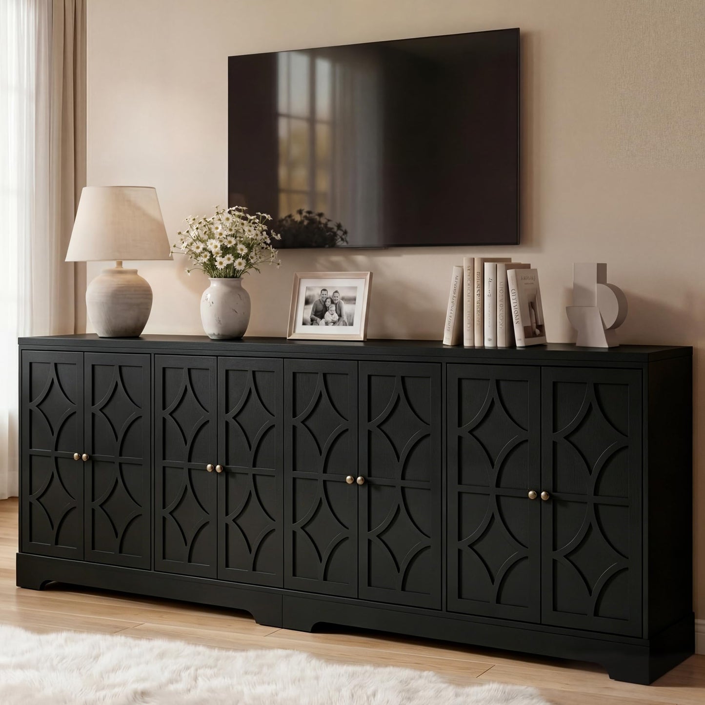 RoyalCraft Sideboard Buffet Cabinet with Storage, 56" Modern Sideboard with 4 Carved Doors, Large Wood Coffee Bar Console Table for Kitchen, Dining Room, Entryway, Living Room, Black