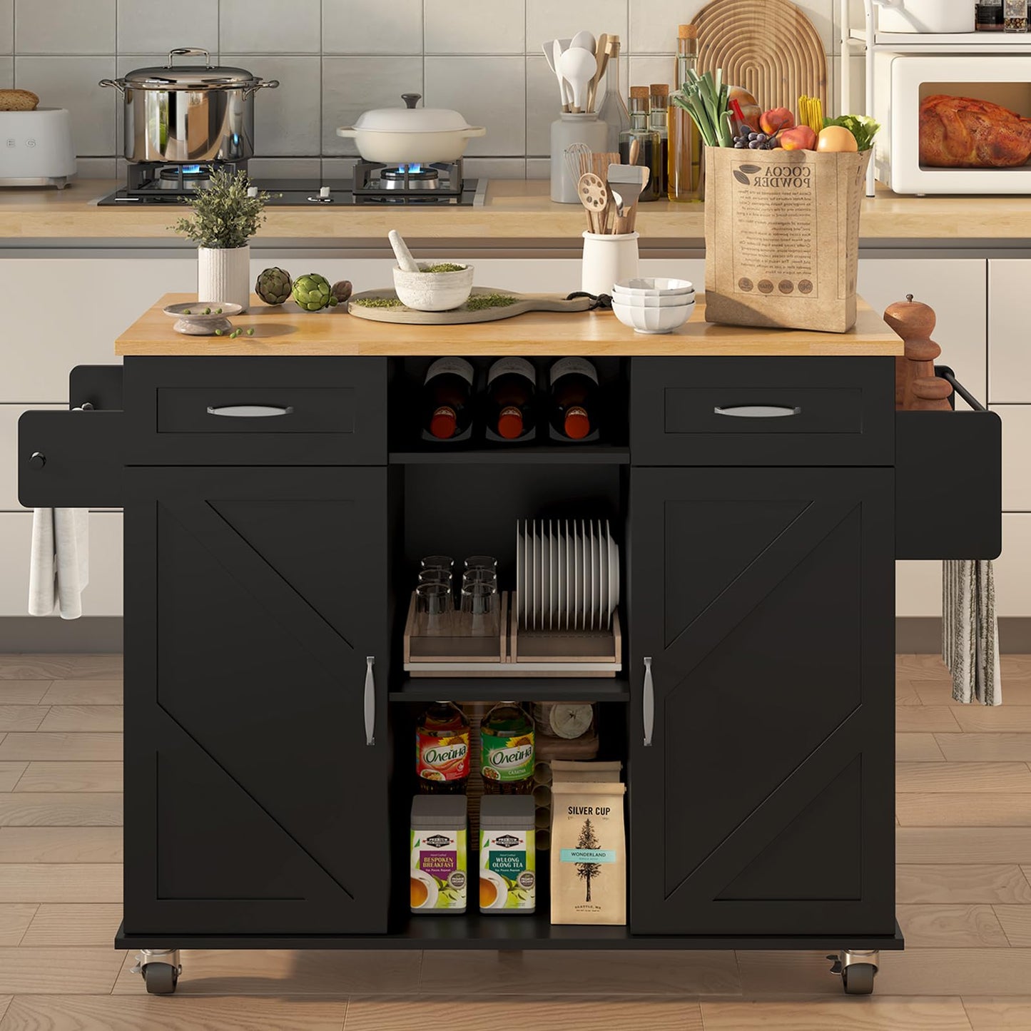 knoworld 51.5'' Rolling Kitchen Island with Storage Cabinet & Drawers, Drop Leaf Kitchen Cart on Wheels, Farmhouse Portable Mobile Islands, Large Butcher Block Table with Tower/Spice Rack, Black