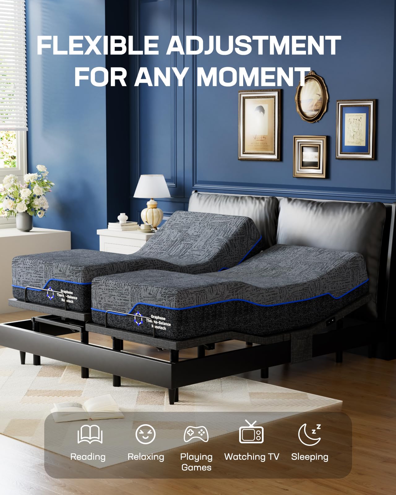 Marsail NS1 Queen Adjustable Bed Base with Massage- Smart Dual Motor Bed Frame with Wireless Remote, 3-Min Assembly, Zero Gravity & Anti-Snore Modes, Under Bed Lighting, 4 USB Ports