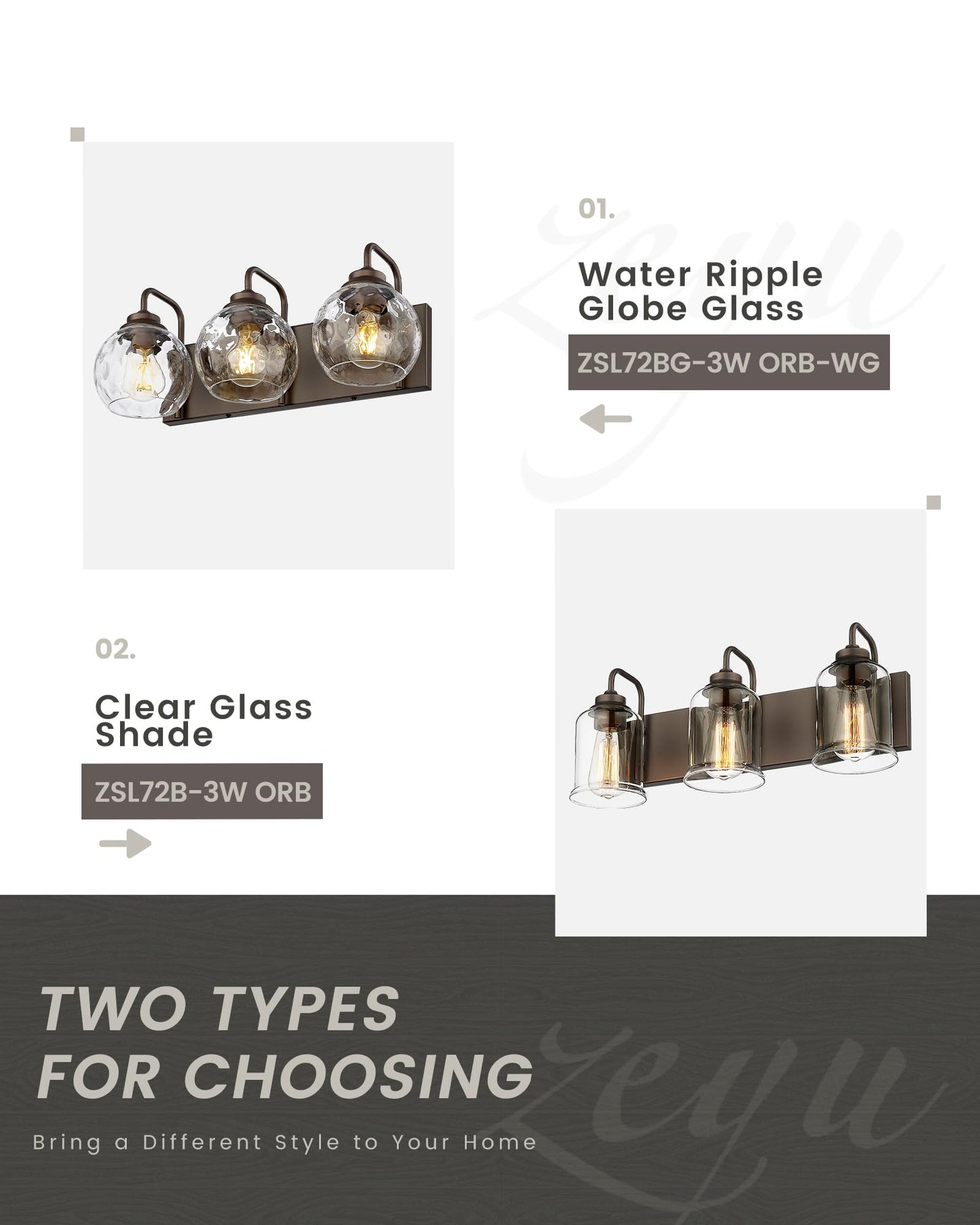 zeyu 3-Light Bathroom Vanity Light Fixtures, Oil Rubbed Bronze, Water Ripple Globe Shade, Model ZSL72BG-3W ORB-WG