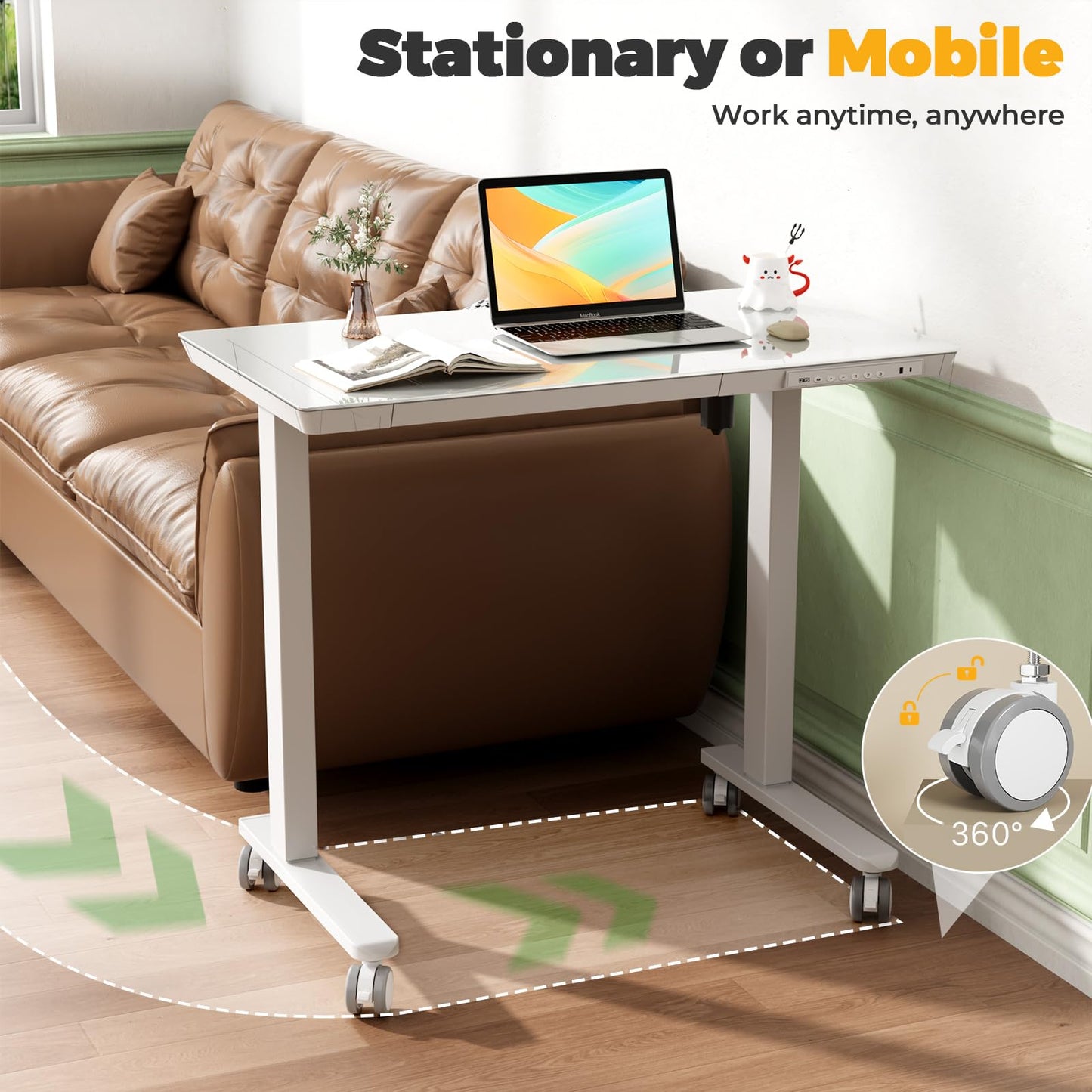 JYLH JOYSEEKER Glass Electric Standing Desk with Drawer, 35" x 20" Whole Piece Small Sit Stand Table, Height Adjustable Desk with Storage & USB Ports, Quick Install Home Office Computer Desk, White
