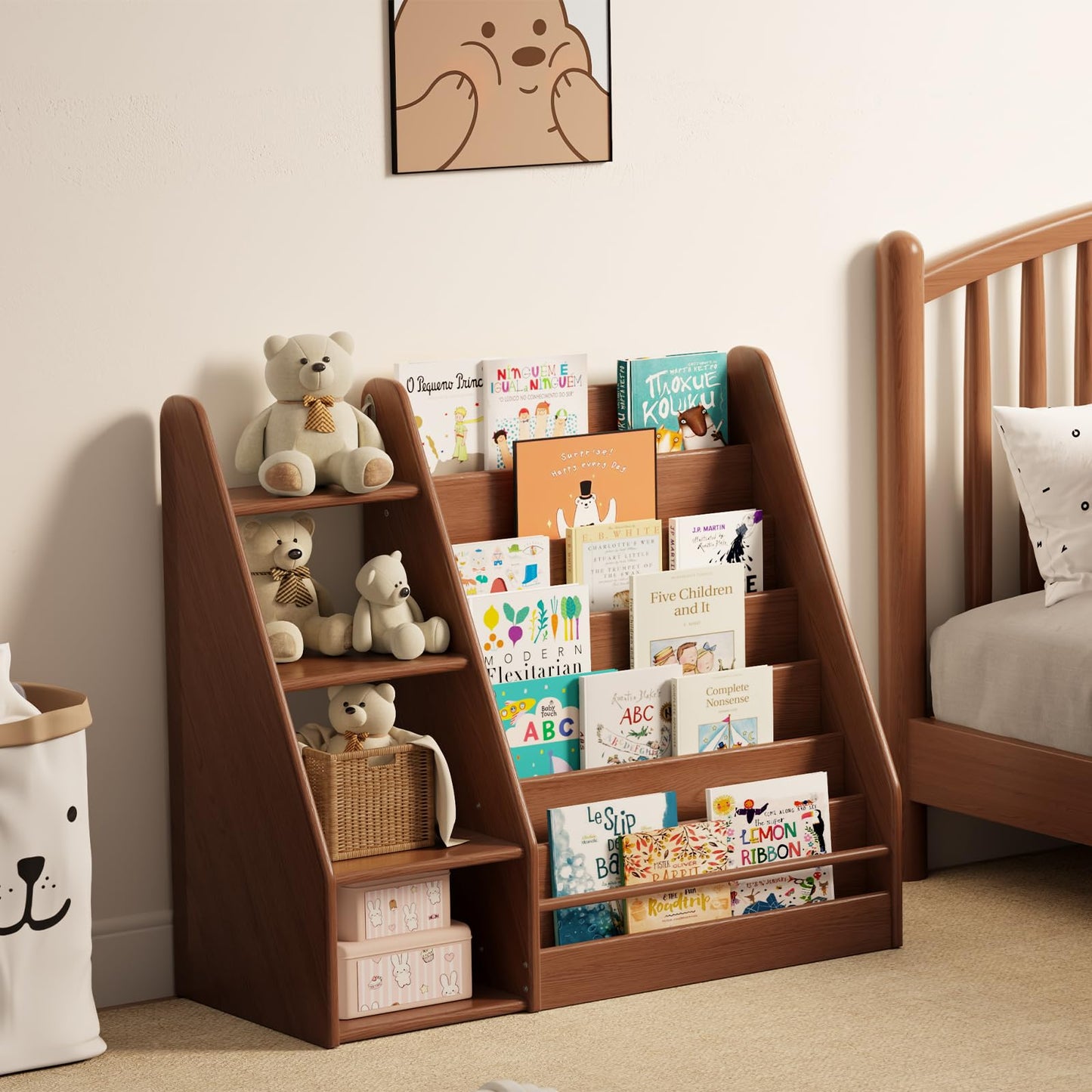 DONGMUWUJEE Solid Wood Kids Bookshelf and Storage Organizer, 7 Layer Children Bookcase, Baby Toddler Wooden Book Shelf, Display Cabinet for Playroom, Bedroom, Classroom, Nursery, School, Walnut