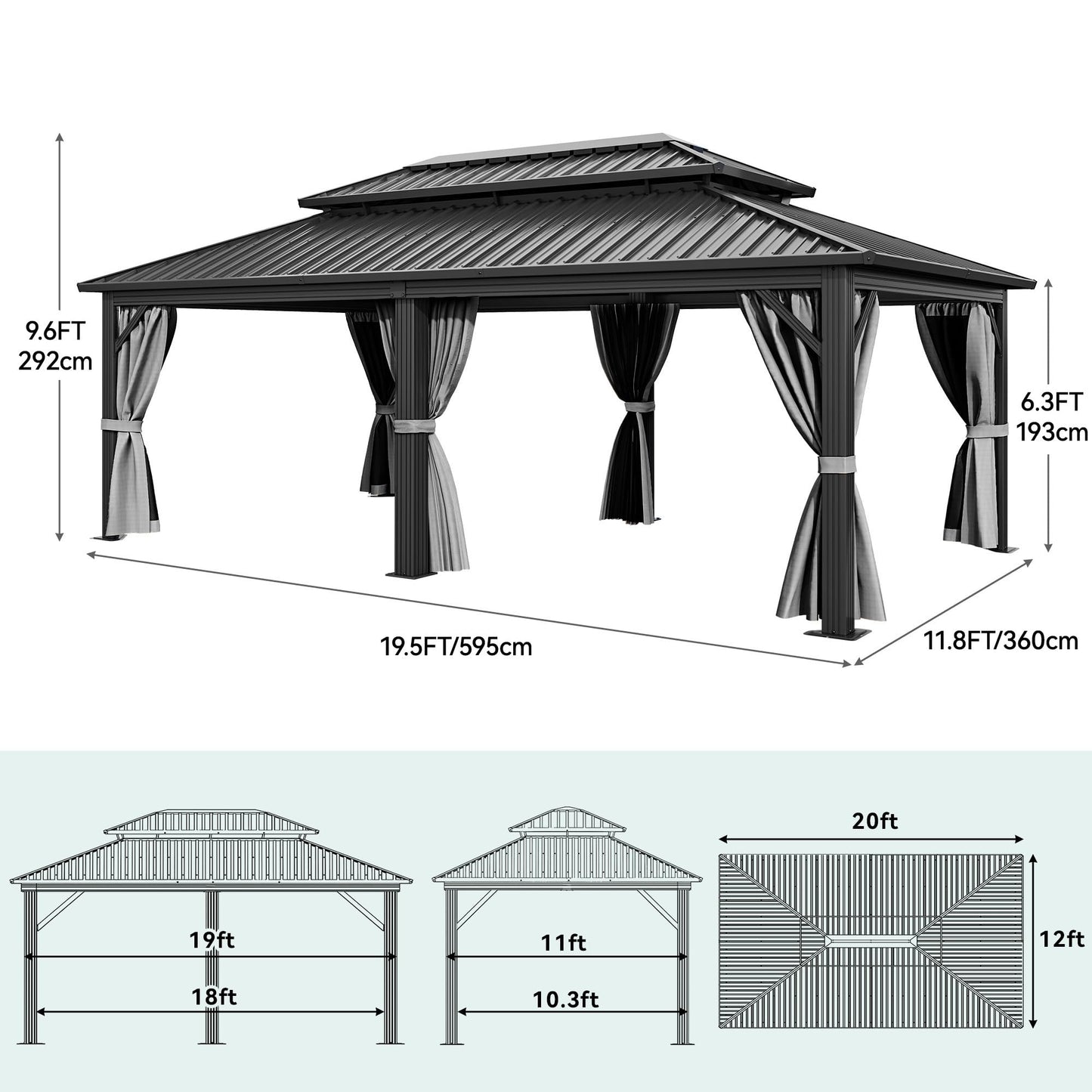 YITAHOME 12X20FT Hard Top Metal Gazebo Patios Double Roof Canopy Aluminum Frame Garden Gazebo Tent Curtains Netting for Patios Backyards Decks Lawns Gray