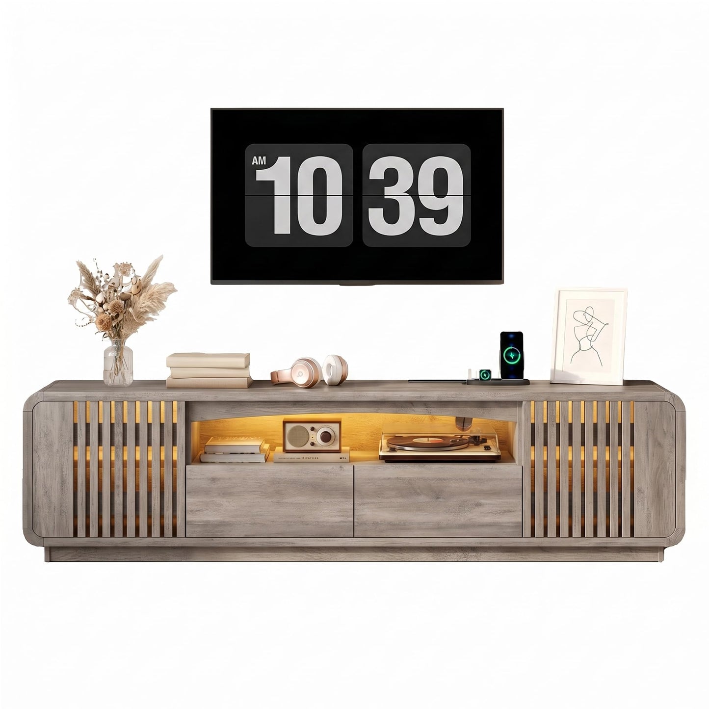 Homiflex 63" TV Stand with Storage, Mid Century Modern Entertainment Center with Power Outlet & LED Lights, Fluted Media Console Table with 2 Drawers and Grille Doors for Living Room Bedroom, Natural