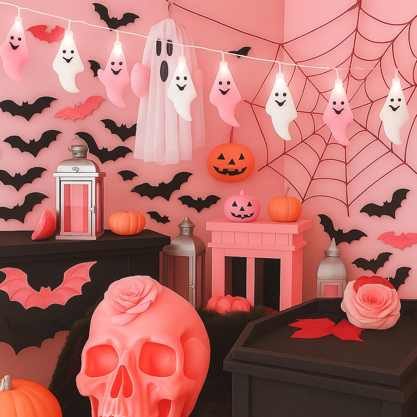 Glooglitter Pink Halloween Ghost Lights String, 6.5 ft, 2 Pcs, Plastic, Cute Indoor/Outdoor Decorations, Model JEI-Glooglitter-1997