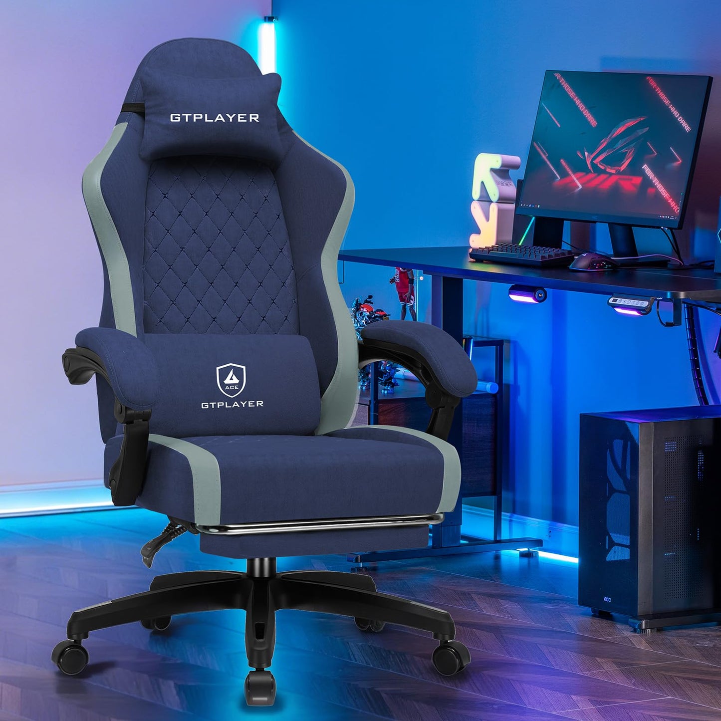 GTPLAYER Gaming Chair, Ergonomic Computer Chair with Footrest and Lumbar Support, High Back Recliner Chair 350lbs, Height Adjustable for Home Office, Deep Blue