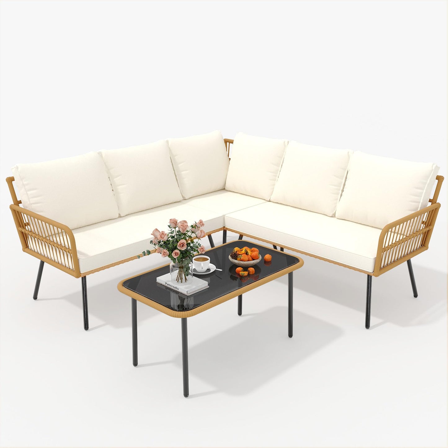 GarveeLife Wicker 4 Pieces Patio Furniture Sets Outdoor Sectional L-Shaped with Cushions & Side Table and Chairs Set, Boho Rattan 5 Seater Conversation Sets for Apartment, Bistro, Backyard,Porch,Beige