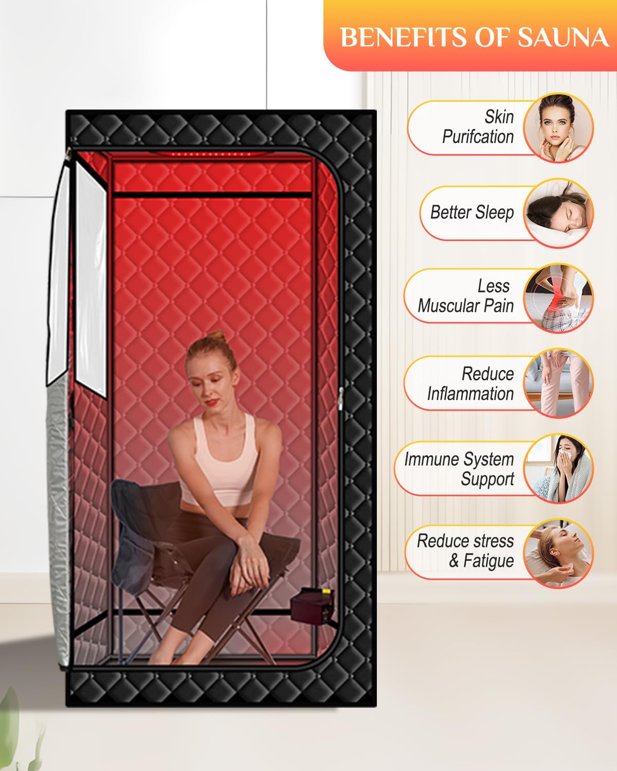 Smartmak Portable Sauna with Infrared 660nm Red Light Therapy Lamp for Home Relaxation, Personal Large Full Body Sauna Spa Tent, 1500W High Power Hot Air Saunas, Folding Chair Indoor Use, 130–150°F