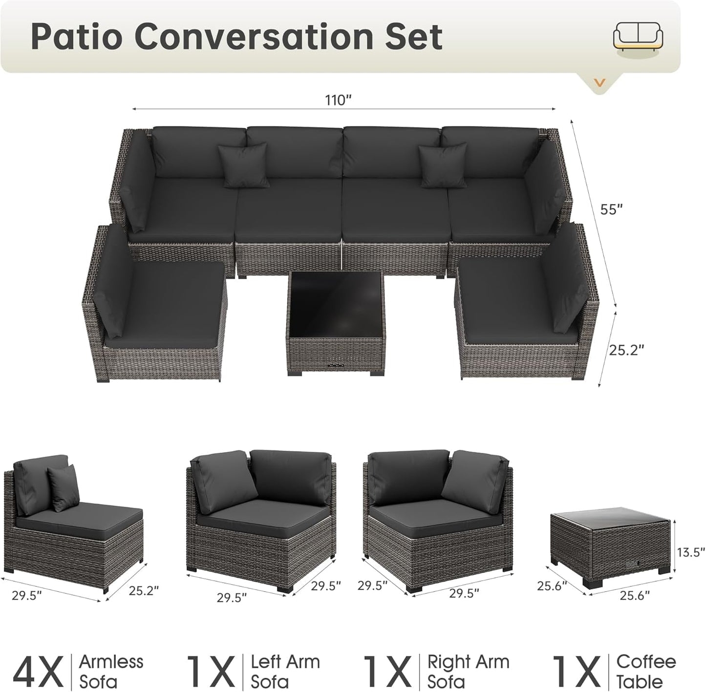 LHBcraft 7 Piece Patio Outdoor Furniture Set, Outdoor Sectional, All-Weather Hand-Woven Wicker Black Patio Sectional, Rattan Outside Furniture with Cushion and Glass Coffee Table