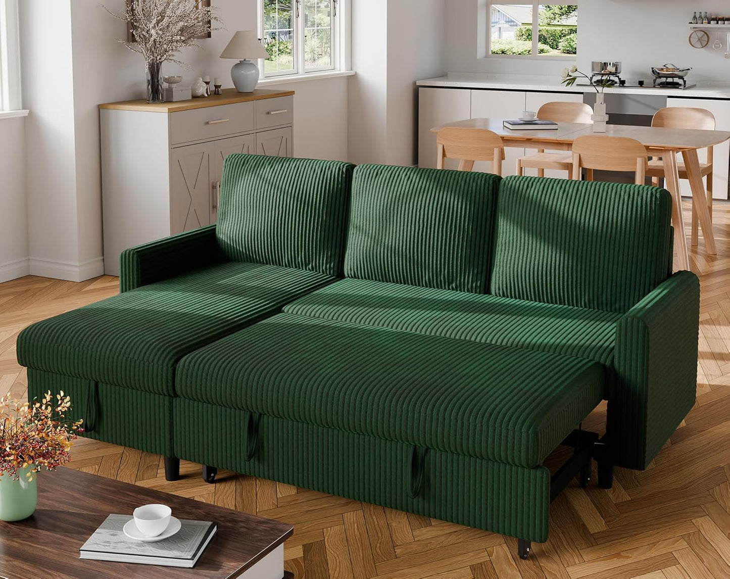 Shintenchi Futon Sofa Bed Convertible Couches L Shaped, 4‑in‑1 Sectional Sleeper Sofa Pull Out Couches for Living Room, Multifunctional Couch with Storage Chaise Corduroy Fabric, Green