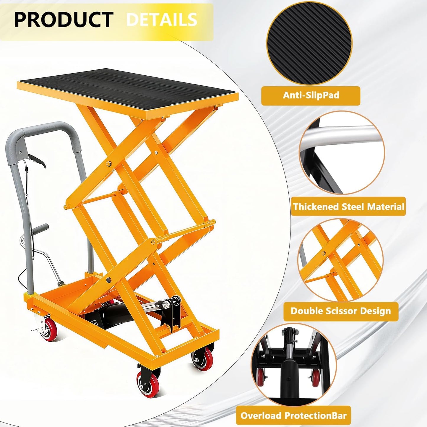 330 Lbs Heavy Duty Hydraulic Scissor Lift Table Cart – Manual Double Scissor Lift, 50" Max Lifting Height, Locking Swivel Casters, Non-Slip Platform, Mobile Material Handling for Warehouse, Garage