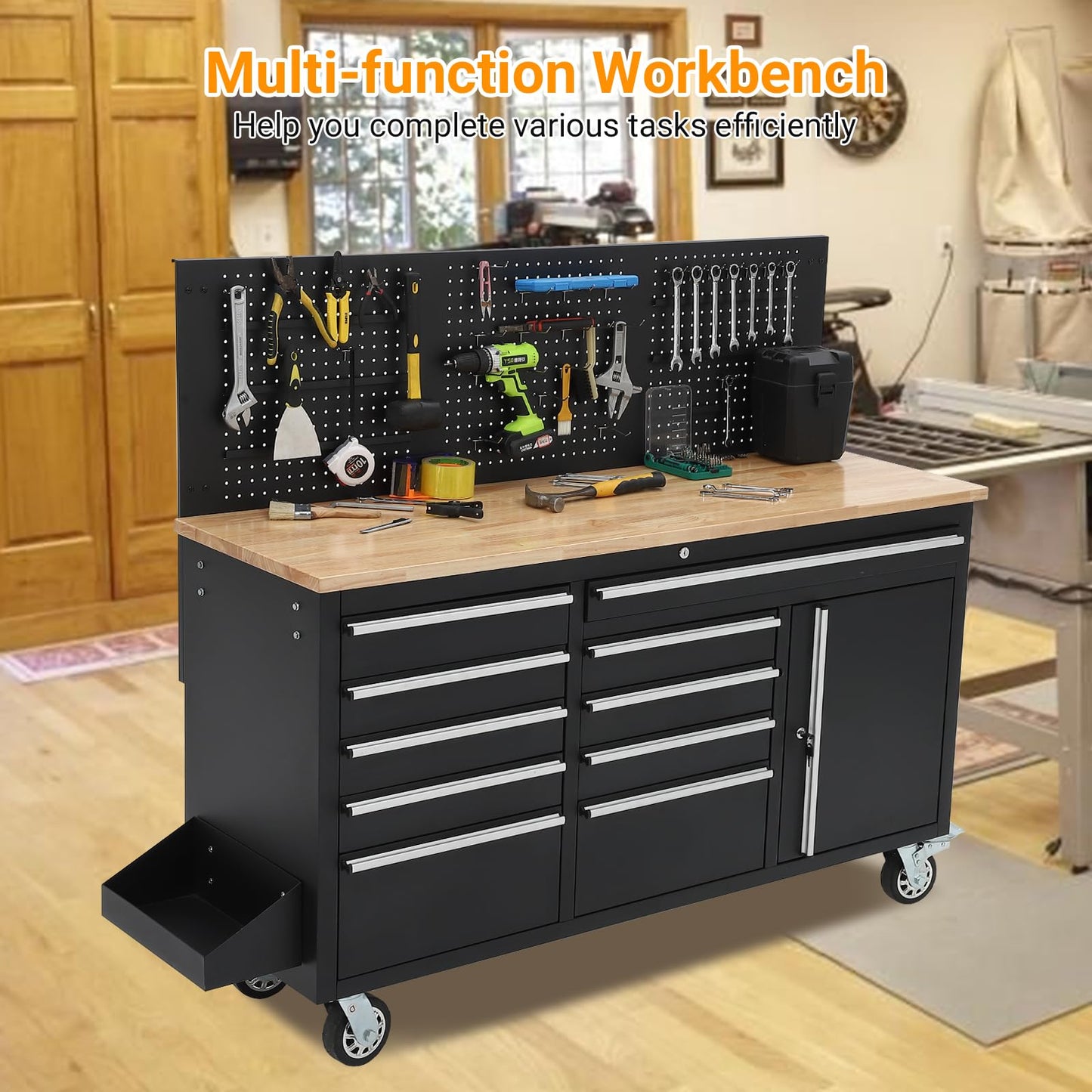 IDEALHOUSE 61-inch Rolling Tool Chest, 10 Drawers Garage Workbench Storage Tool Cabinet with Power Strip, Solid Rubber Wood Top, 1675 LBS Load Mobile Workstation, Heavy Duty Rolling Cabinet, Black