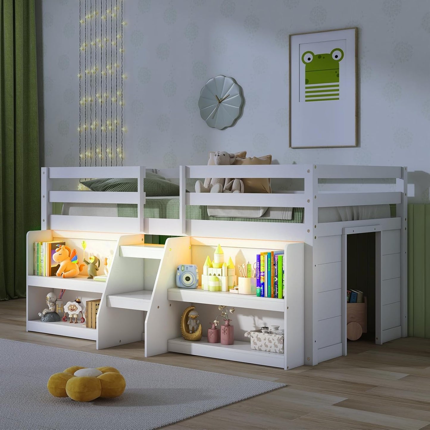 KOMFOTT Low Loft Bed with LED Light & 2 Bookcases, Wood Kids Twin Bed with Under-Bed Play Space, Stairs & Guardrails, No Box Spring Needed, Modern Low Loft Bed Frame, White