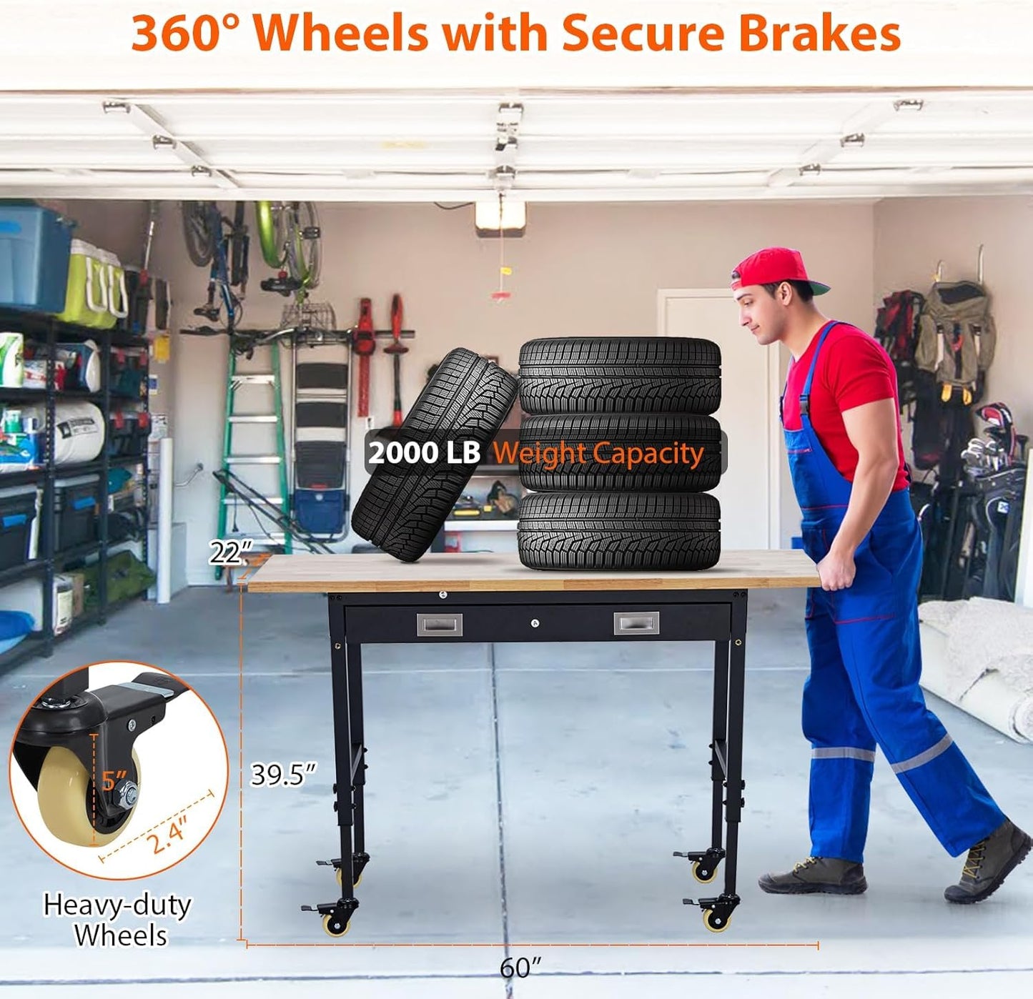 60" x 22" Adjustable Height Workbench - Heavy Duty 2000 lbs Load Capacity, Solid Rubber Wood Top, Sturdy Metal Frame, Workstation with Drawer & Rolling Casters, Power Outlets for Garage & Workshop