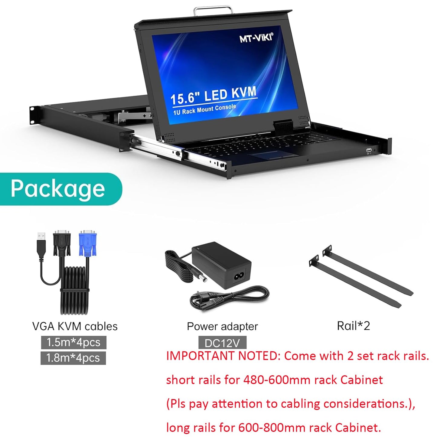MT-VIKI Rack Mount KVM w/15.6" LCD Monitor, 8 Port VGA KVM Switch, 1080@60Hz 1U Integrated Monitor Keyboard, Fits 18.9" to 31.5" Deep Racks (480-800mm), Included 8 Cables for Server Room, Data Center