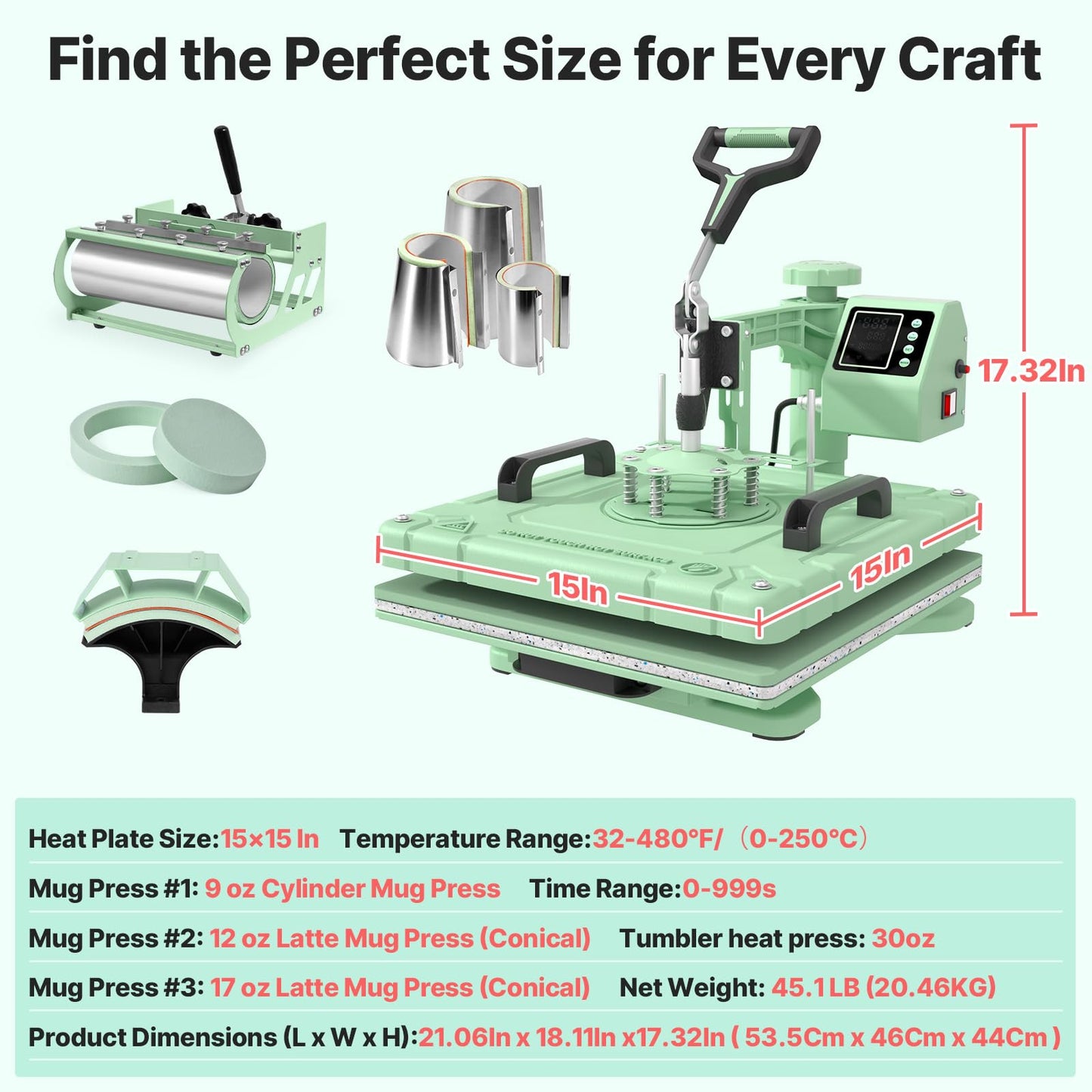 Slendor 8 in 1 Heat Press Machine 15x15 inch 360-Degree Swing Away Digital T Shirt Pressing Machine Multifunction Heat Transfer Sublimation Combo for T Shirts Mugs Hat Plate Cap, Green