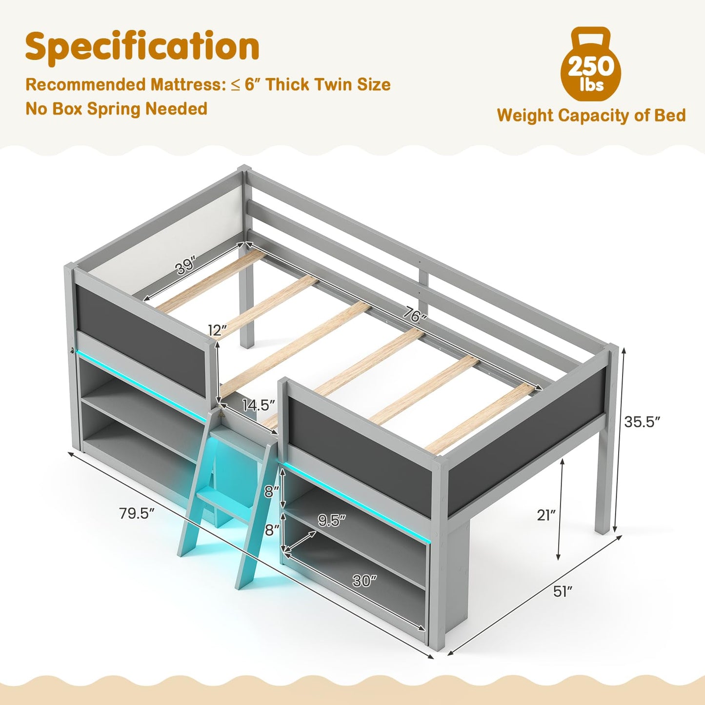 Giantex Low Loft Bed with LED Lights, Wooden Twin Size Loft Bed with Ladder & Blackboard, Twin Bed Frames for Kids with Storage 2 Bookcases and Play Space, Grey