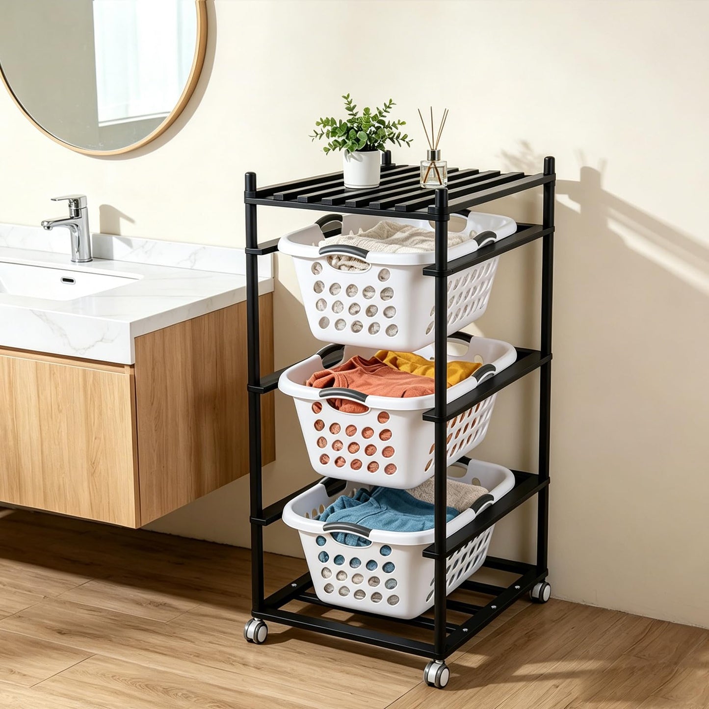 Wooden Laundry Shelf with 3 Large Laundry Baskets, Rolling Laundry Organizer with Wheels, Vertical & Horizontal Assembly, Space-Saving Storage Rack for Bathroom, Bedroom, Laundry Room (Black)