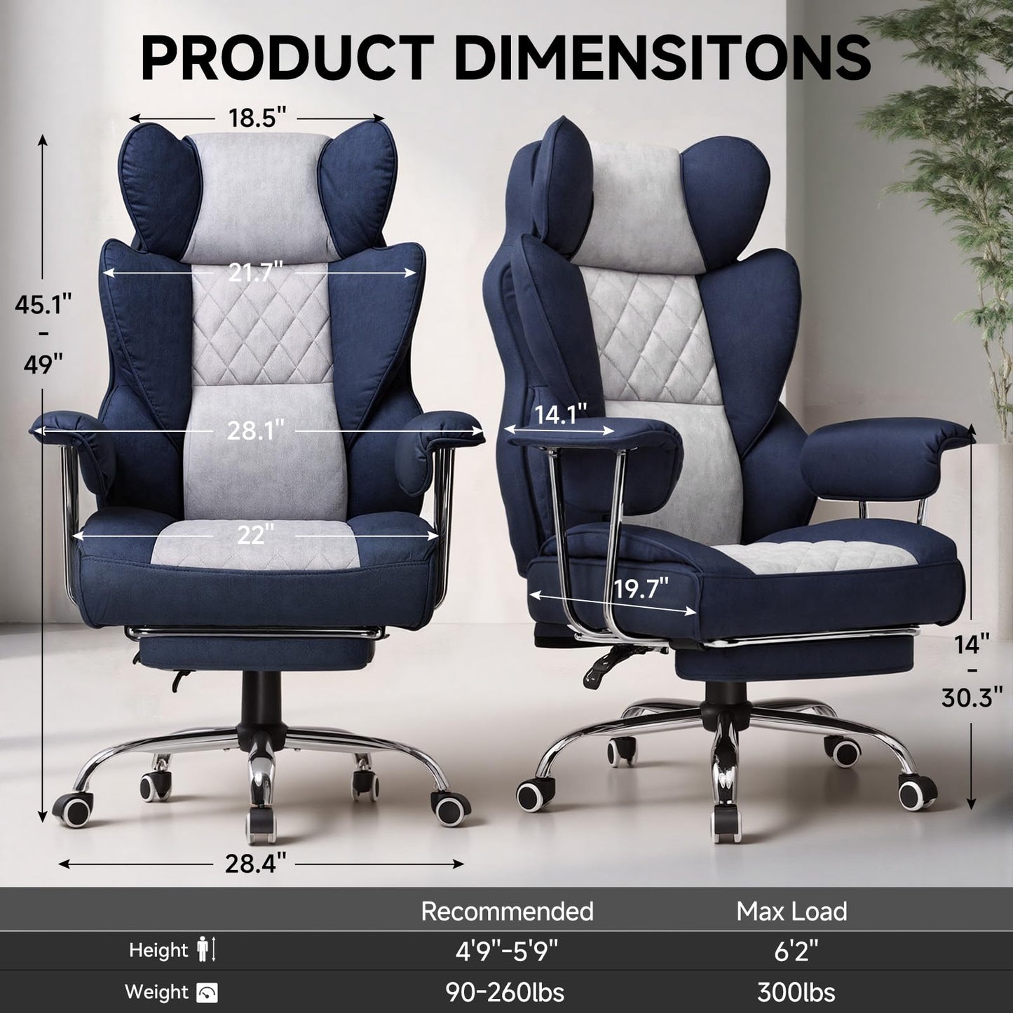 GTPLAYER Gaming Chair,Office Chair with Pocket Spring Lumbar Support, Ergonomic Comfortable Wide Office Desk Computer Chair with Outward Fixed Soft Armrests and Footrest (Fabric, Dark Blue & White)