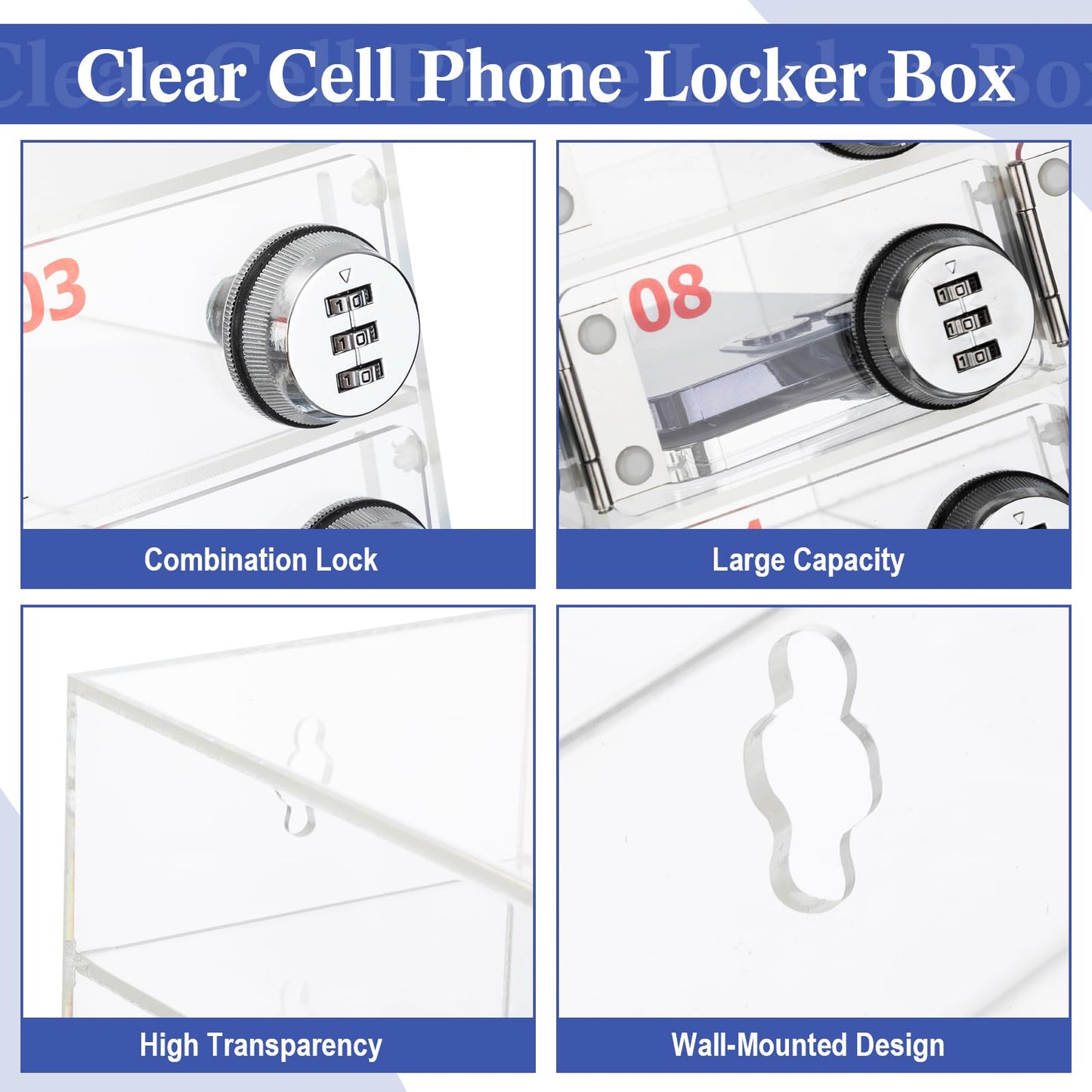Reallnaive 40 Slots Cell Phone Locker Box with Combination Lock, Clear Acrylic Cell Phone Storage Cabinet Bin, Wall Mounted, for Classroom School Students Office Factory Employees
