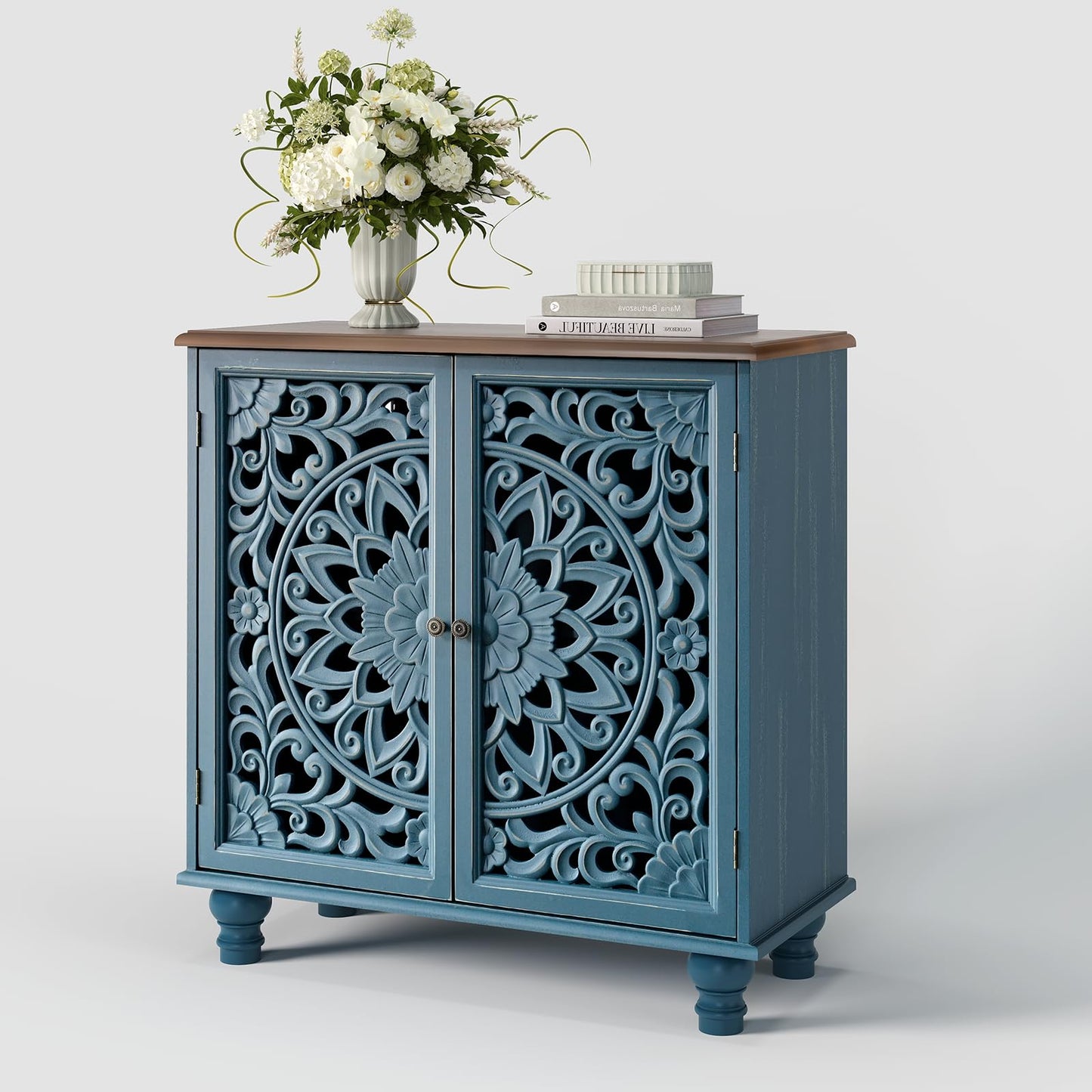 Accent Cabinet with Carved Doors,Blue Buffet Cabinet with Storage