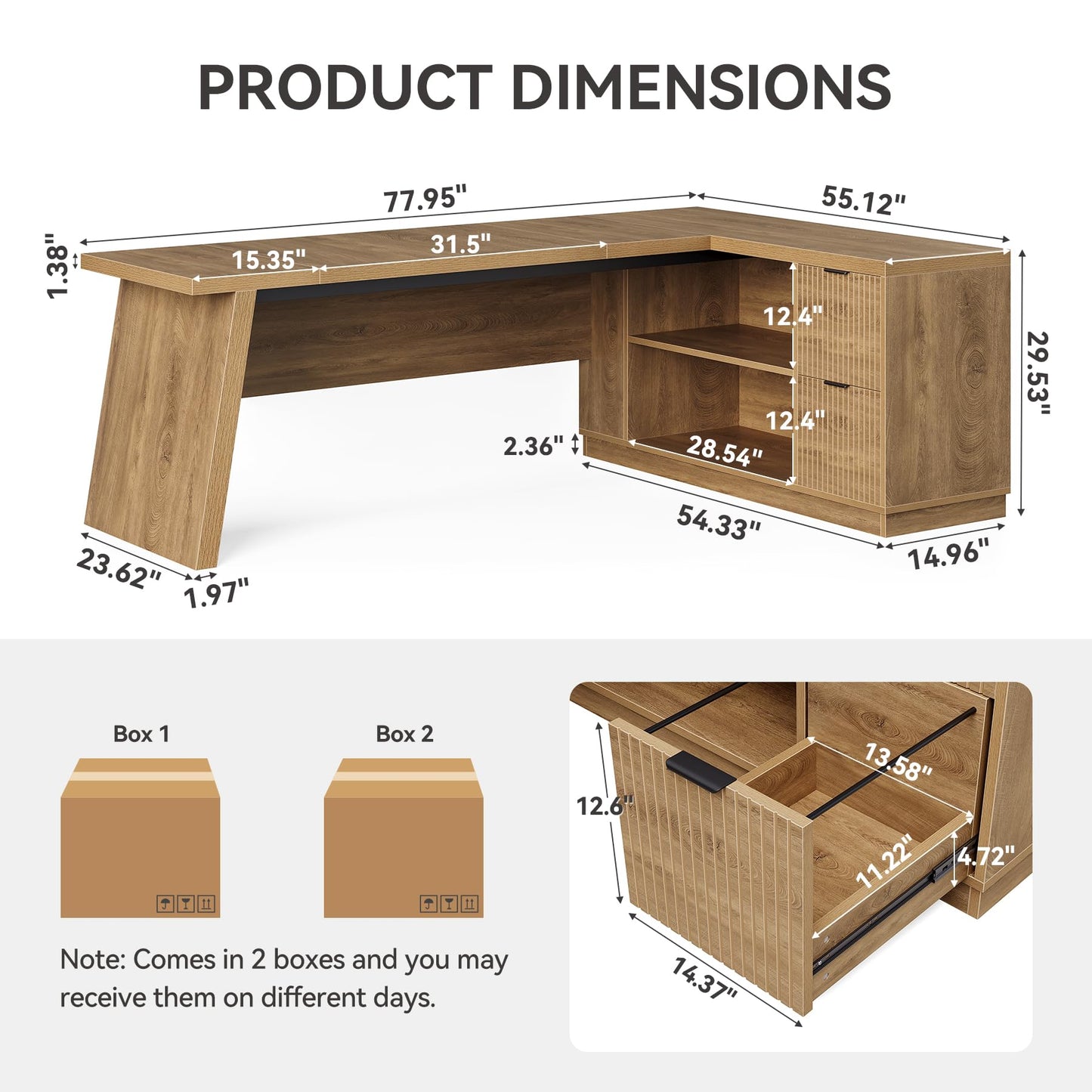 LITTLE TREE 78-Inch L-Shaped Executive Desk, Modern Desk with Drawers & File Cabinet, Large Walnut Office Workstation with Storage Shelves for Home Office