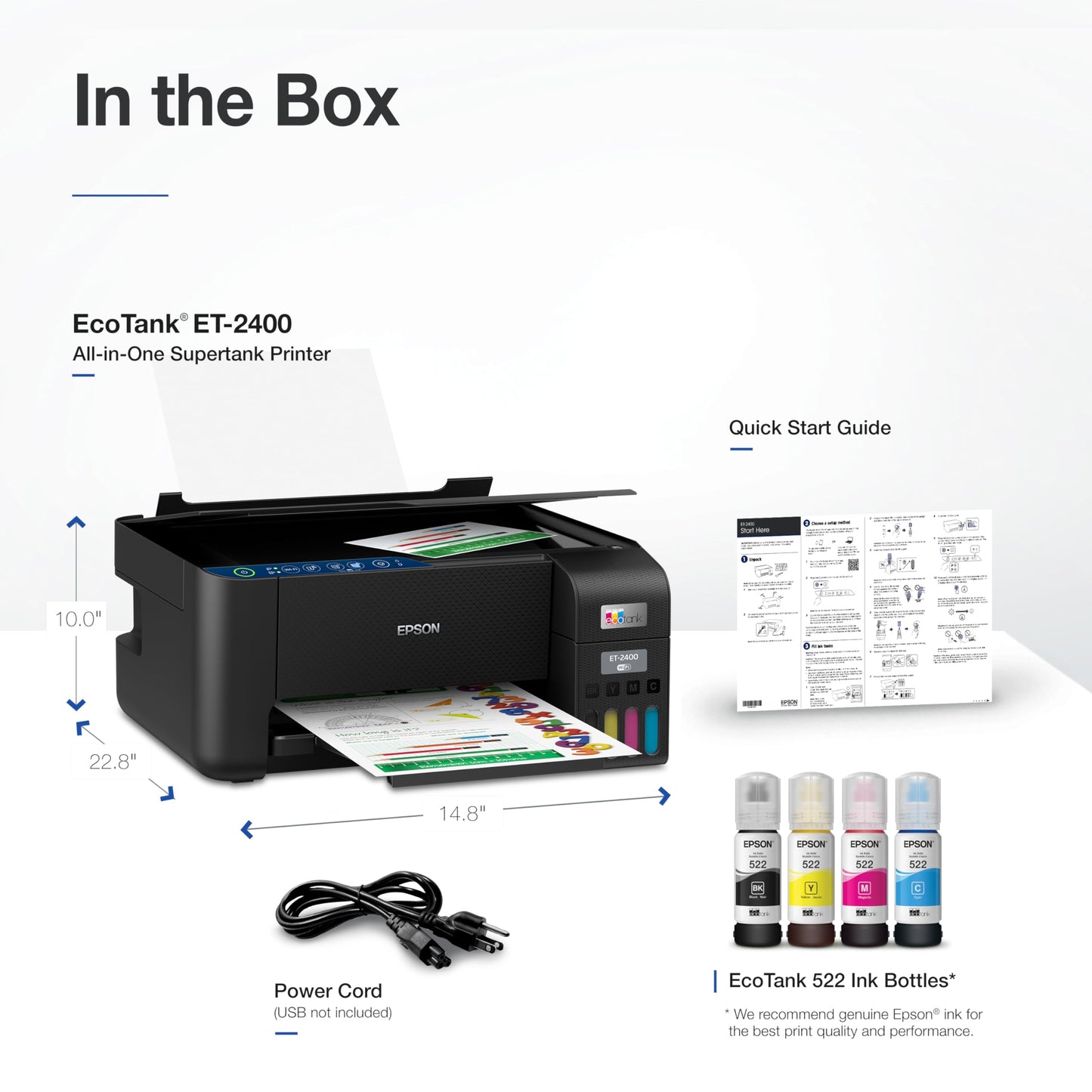 Epson EcoTank ET-2400 Wireless Color All-in-One Cartridge-Free Supertank Printer with Scan and Copy for Everyday Home Printing, Black