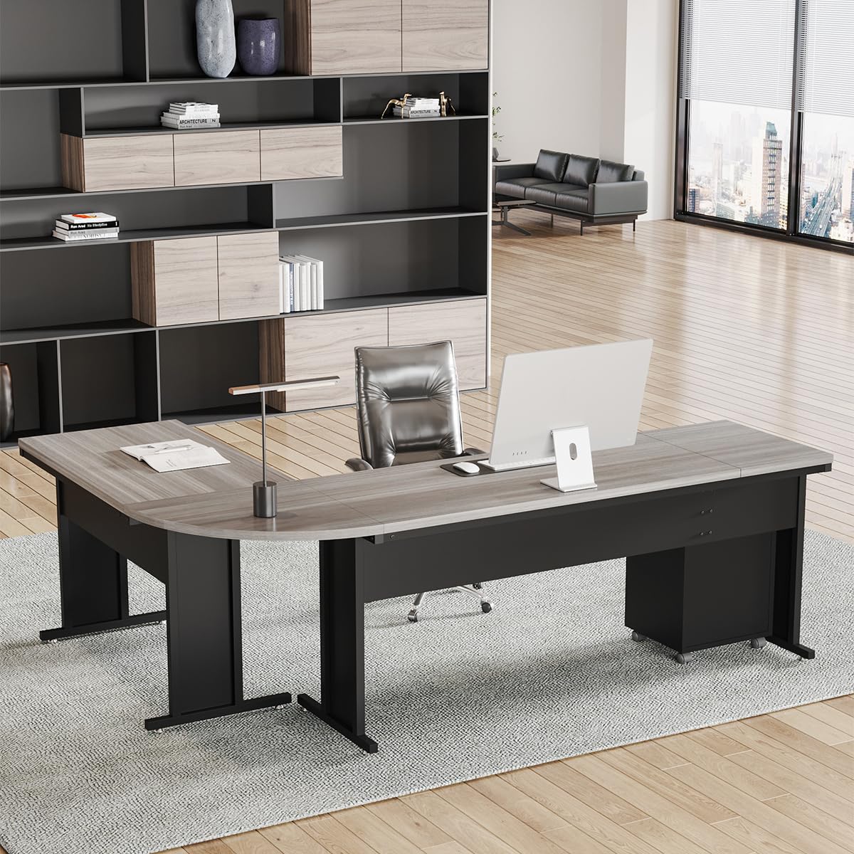 Tribesigns 83" L-Shaped Executive Desk, Large Office Desk with Drawes, Industrial Corner Computer Table with File Cabinet, Business Workstation for Home Office (Gray, 83")
