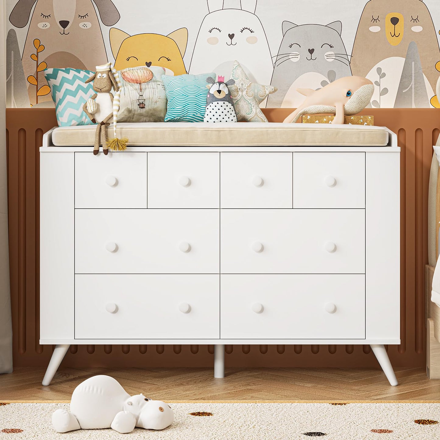 Vabches Kids Dresser Cabinet with 8 Drawers, Changing Table for Nursery, White Chest of Drawers with Open Shelving, Baby Dresser, Kids Bedroom Furniture, Nightstand for Child' s Room, White