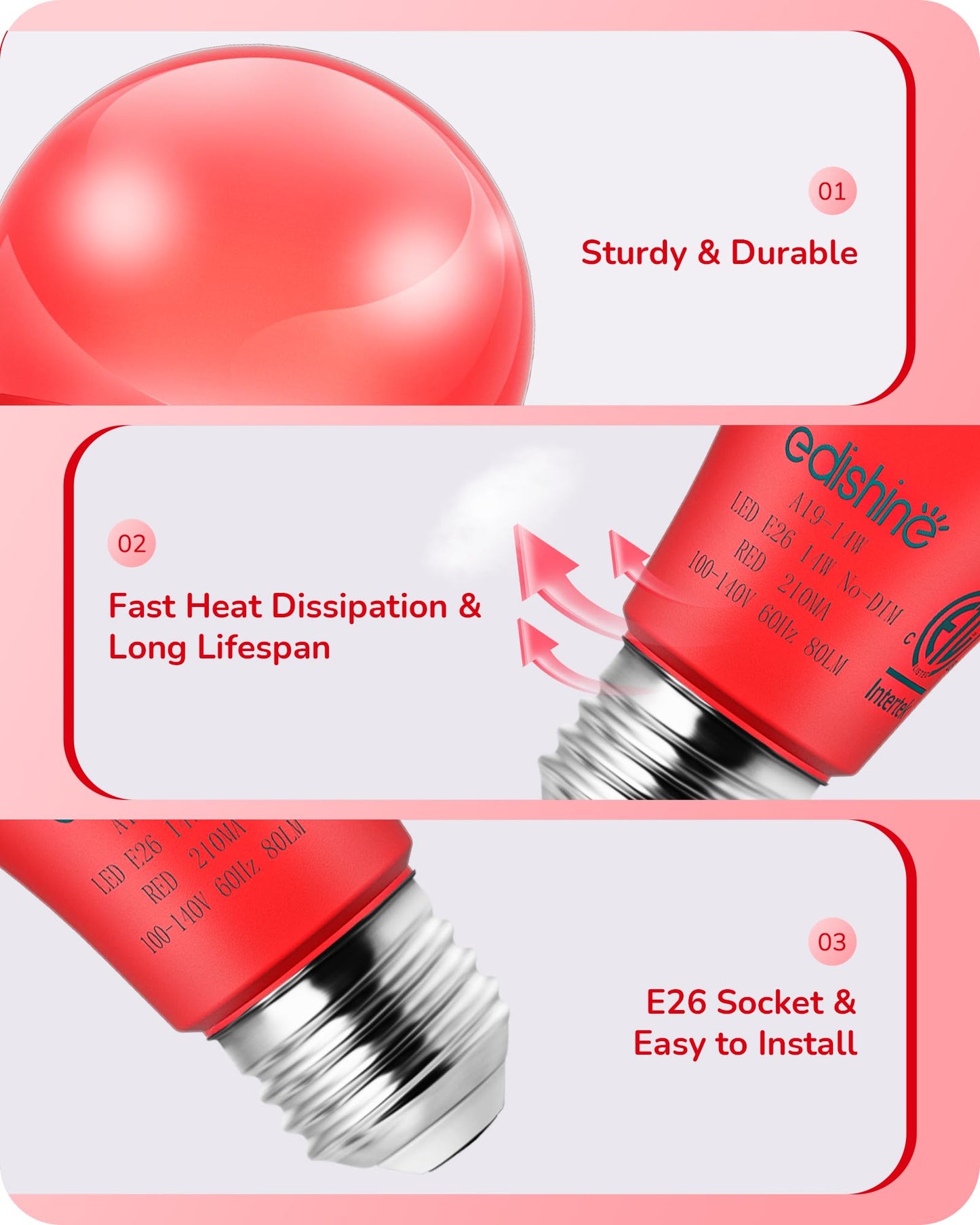 EDISHINE Red LED Light Bulbs, 100W Equivalent, E26 Base A19, 4 Pack, Plastic for Christmas Decoration