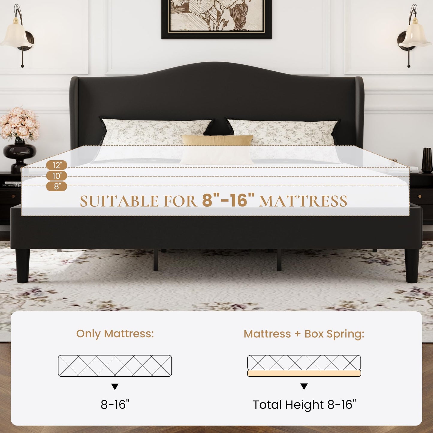 SHA CERLIN King Size Velvet Platform Bed Frame with Elegant Wingback Headboard, Modern & Luxurious Design, Sturdy Wooden Slats, No Box Spring Required, Easy Assembly, Noise-Free, Soft Black