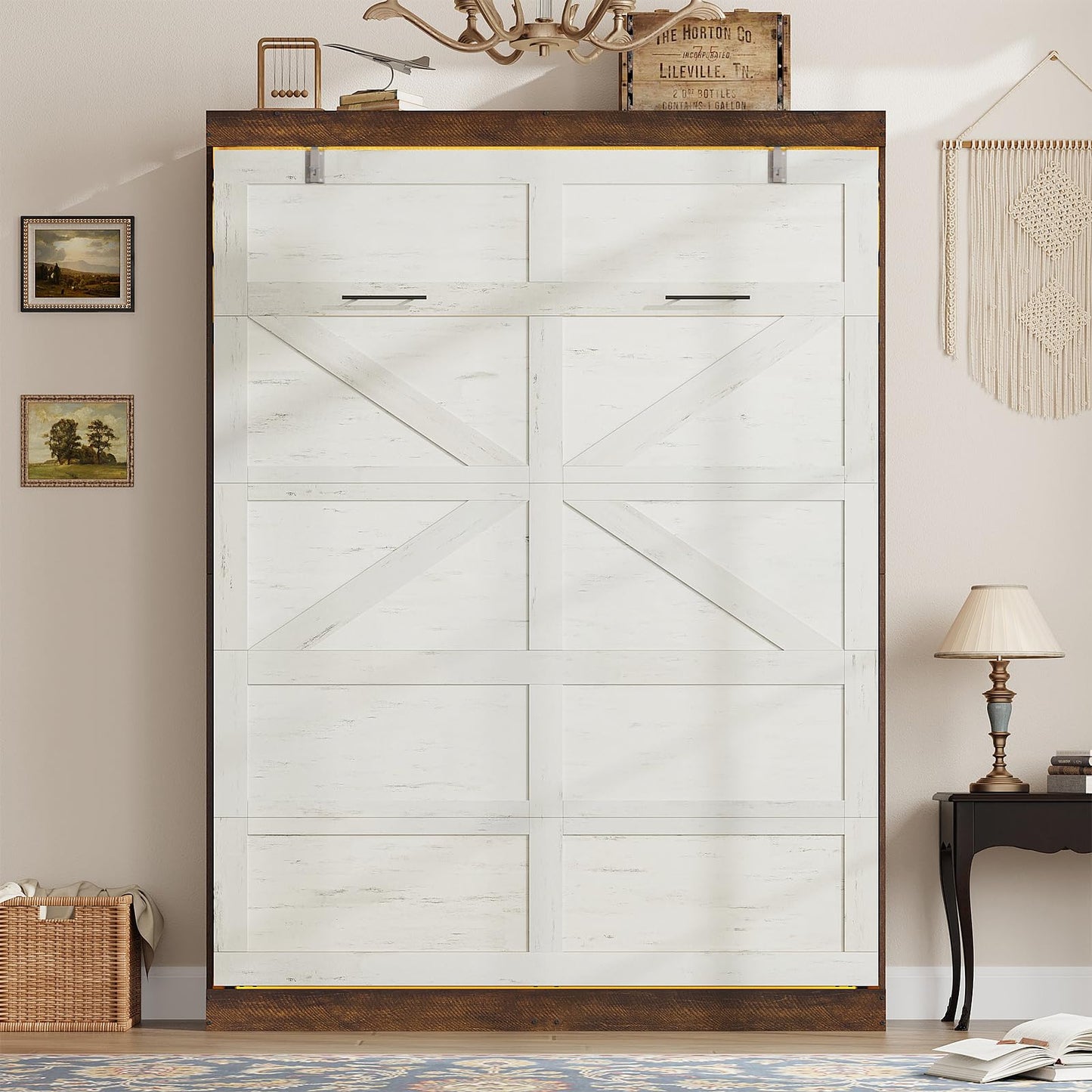 Hlivelood Queen Size Murphy Bed with 2 LED Lights, Farmhouse Wood Hidden Foldable Wall Bed Frame w/Gas Struts, Storage Bed Cabinet for Bedroom, Office, Space-Saving, No Box Spring Needed, Rustic White
