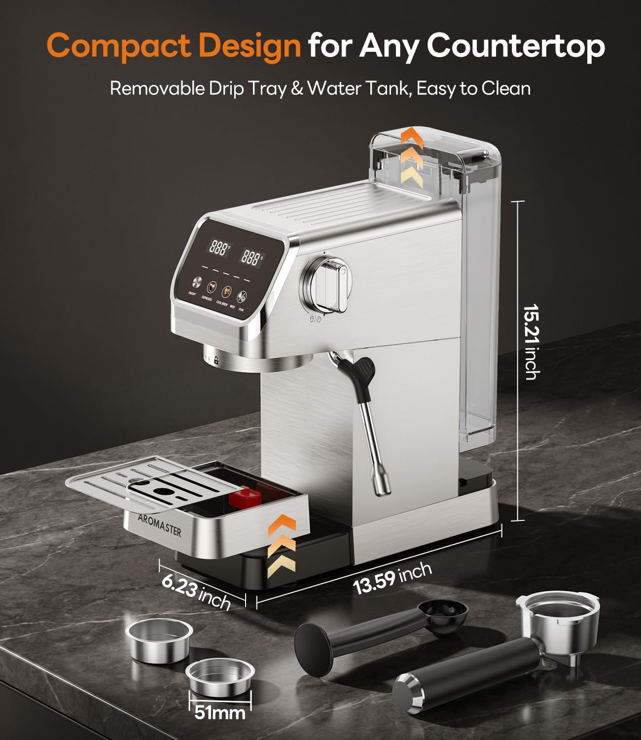 Aromaster Espresso Machine 20 Bar with Milk Frother, Easy to Use Compact Espresso Maker with Touchscreen, Fast Heat 1400W for Latte & Cappuccino, Stainless Steel Coffee Machine for Home & Office